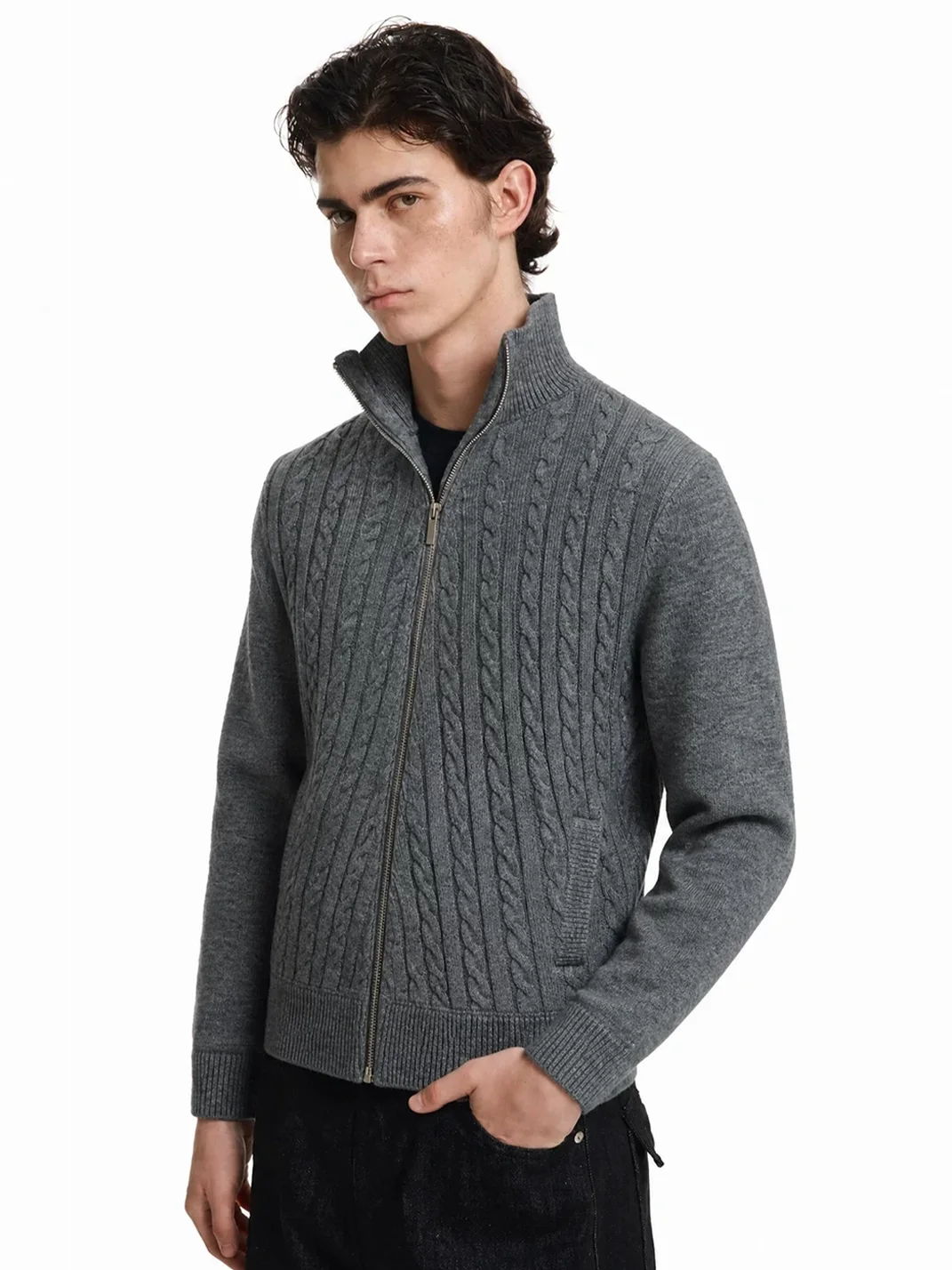 KREATE | Cable Knit High Neck Zip Cardigan