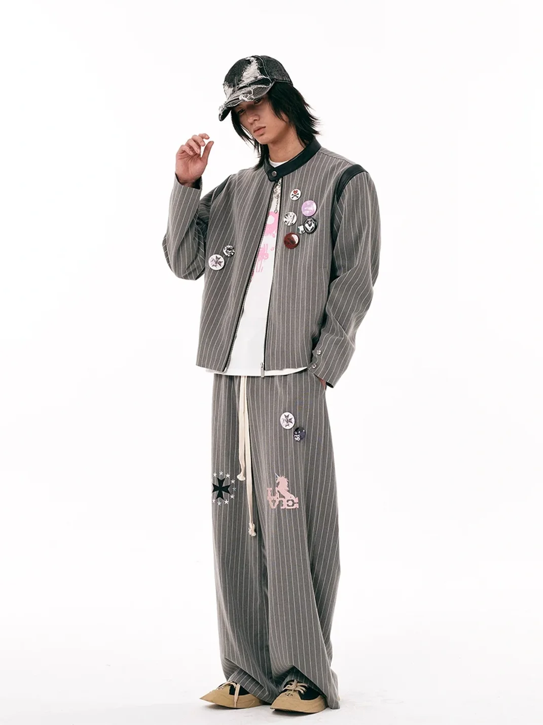 PasET | Cropped Pinstripe Embroidered Badge Jacket