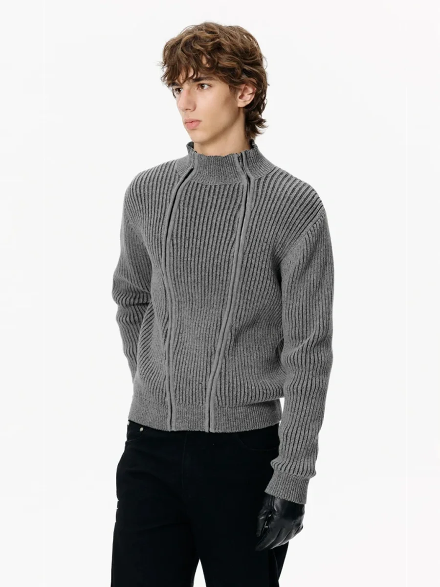 KREATE | Ribbed Slim Fit Double-Zip Stand-Collar Cardigan - 4