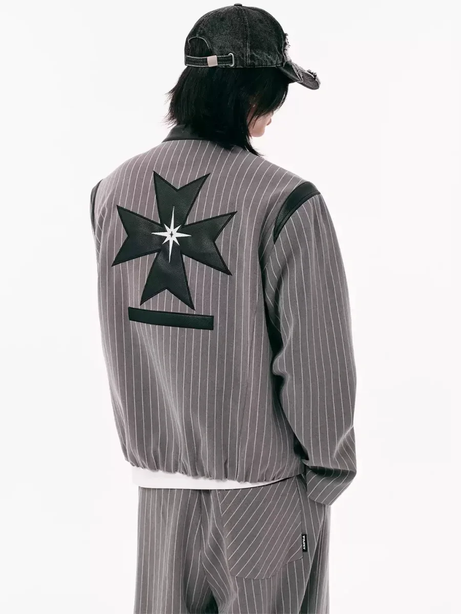 PasET | Cropped Pinstripe Embroidered Badge Jacket - 4