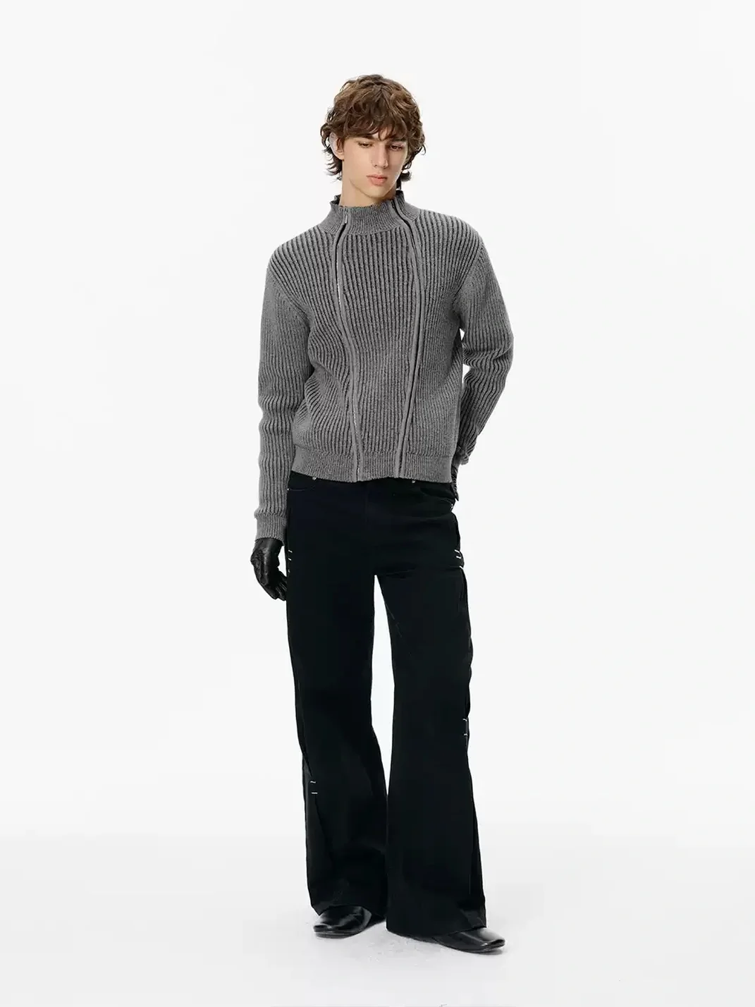 KREATE | Ribbed Slim Fit Double-Zip Stand-Collar Cardigan