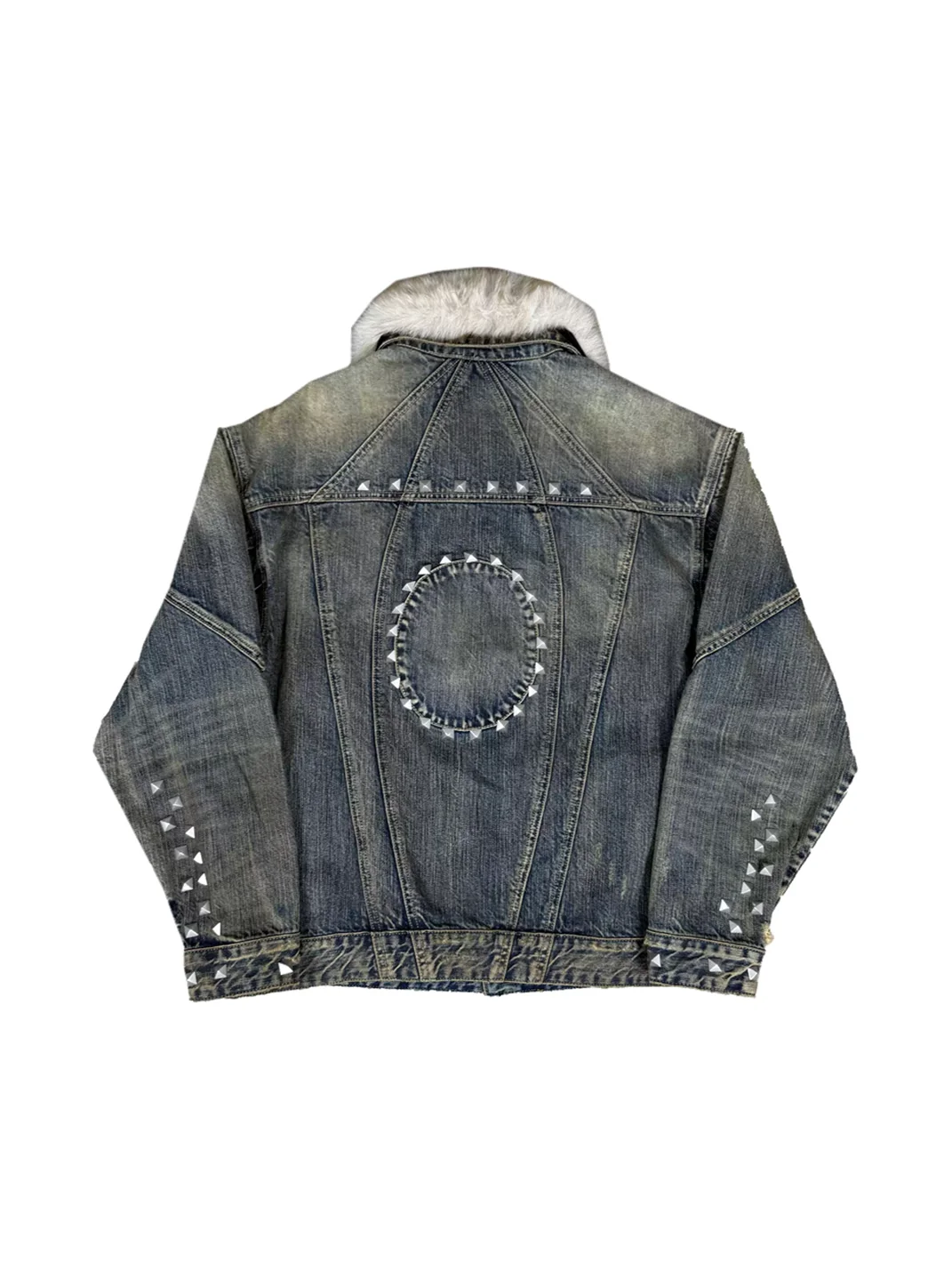 CHAI | Studded Washed Denim Jacket With Detachable Fur Collar