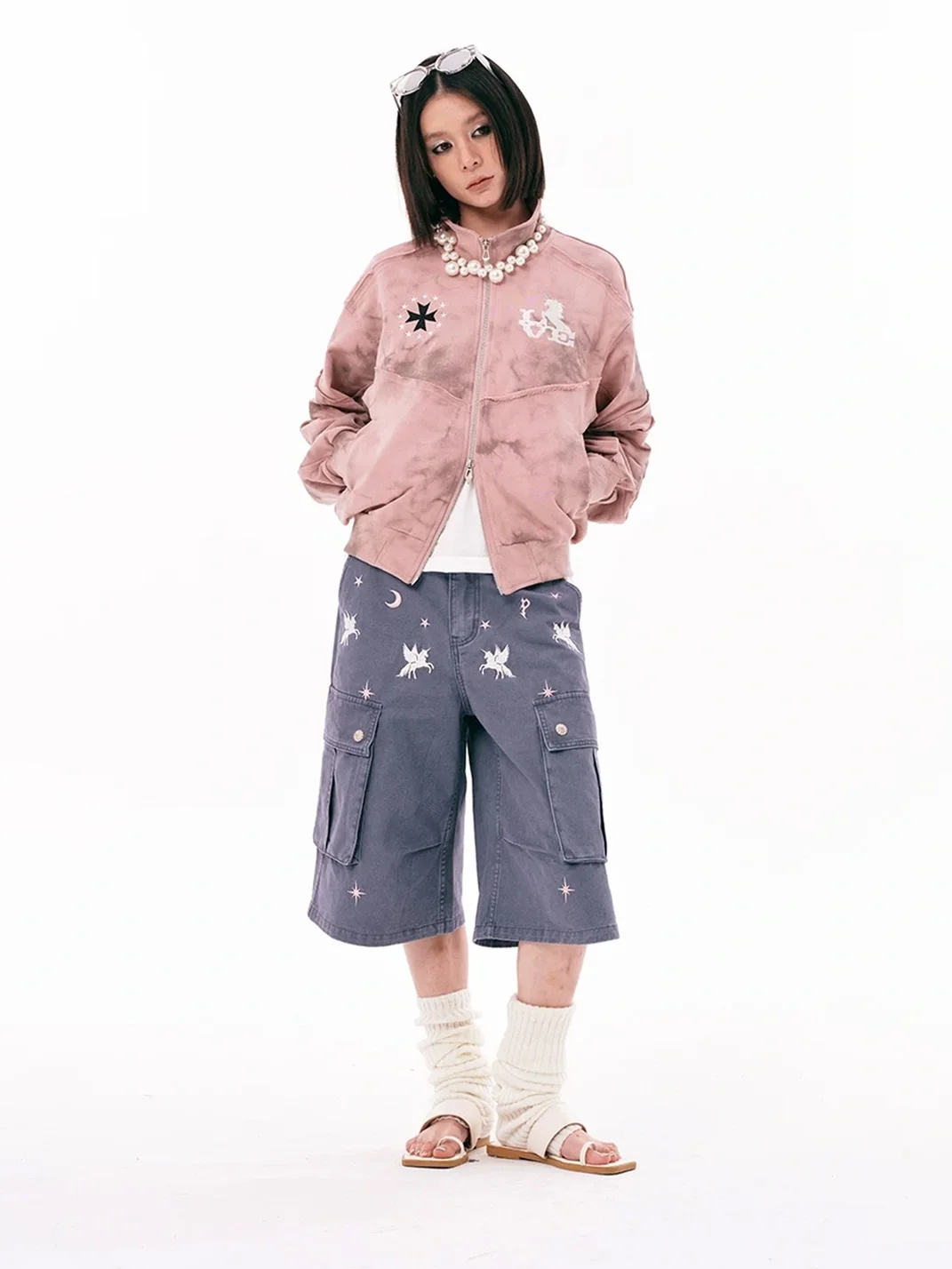 PasET | Pink Distressed Embroidered Cropped Zip-Up Jacket
