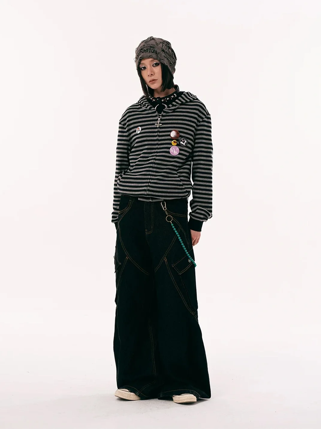 PasET | Striped Cross-Embroidered Zip-Up Hoodie