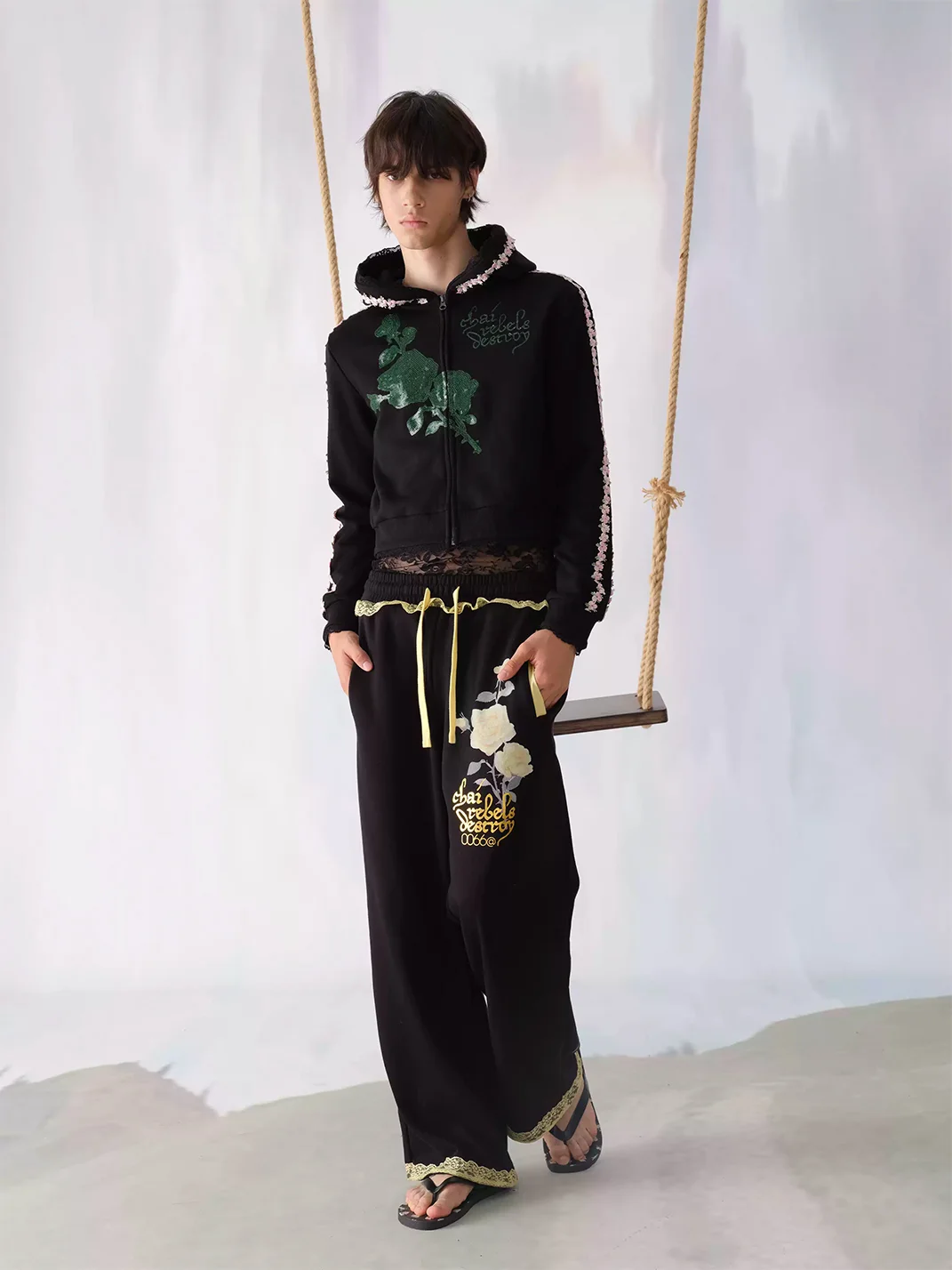 CHAI | Rose Print Lace Trim Wide Leg Sweatpants