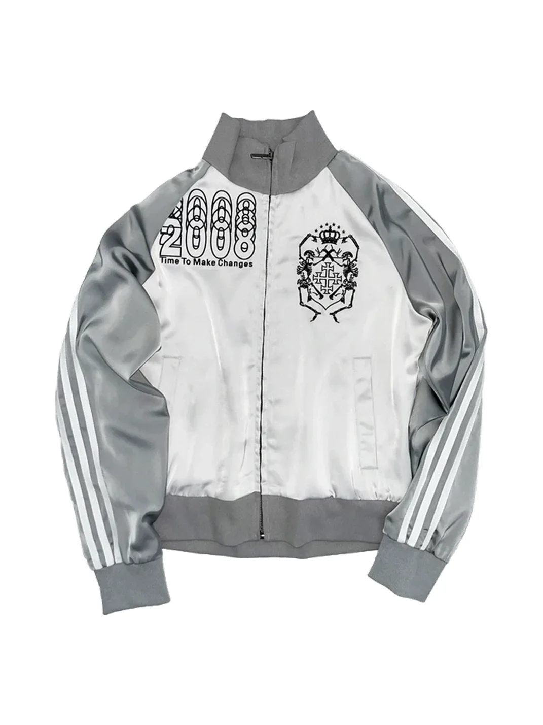 4AMSTUDIO | Silver Skull Satin Fitted Stand Collar Jacket