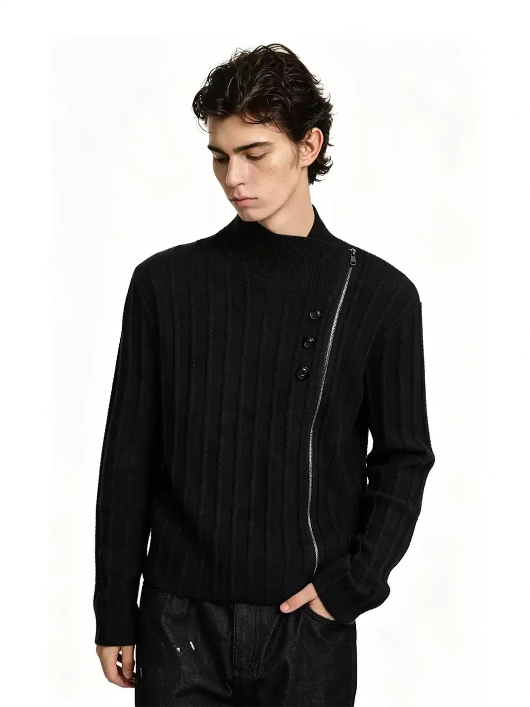 KREATE | Asymmetric Zip Cable Knit Sweater Jacket