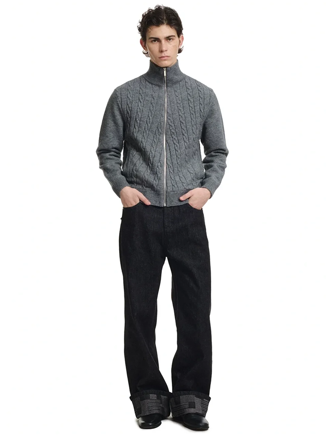 KREATE | Cable Knit High Neck Zip Cardigan