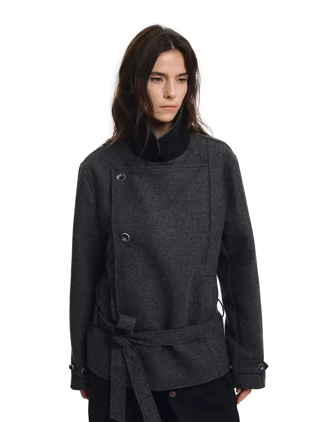 KREATE | Herringbone Double-Breasted Belted Wool-Blend Jacket