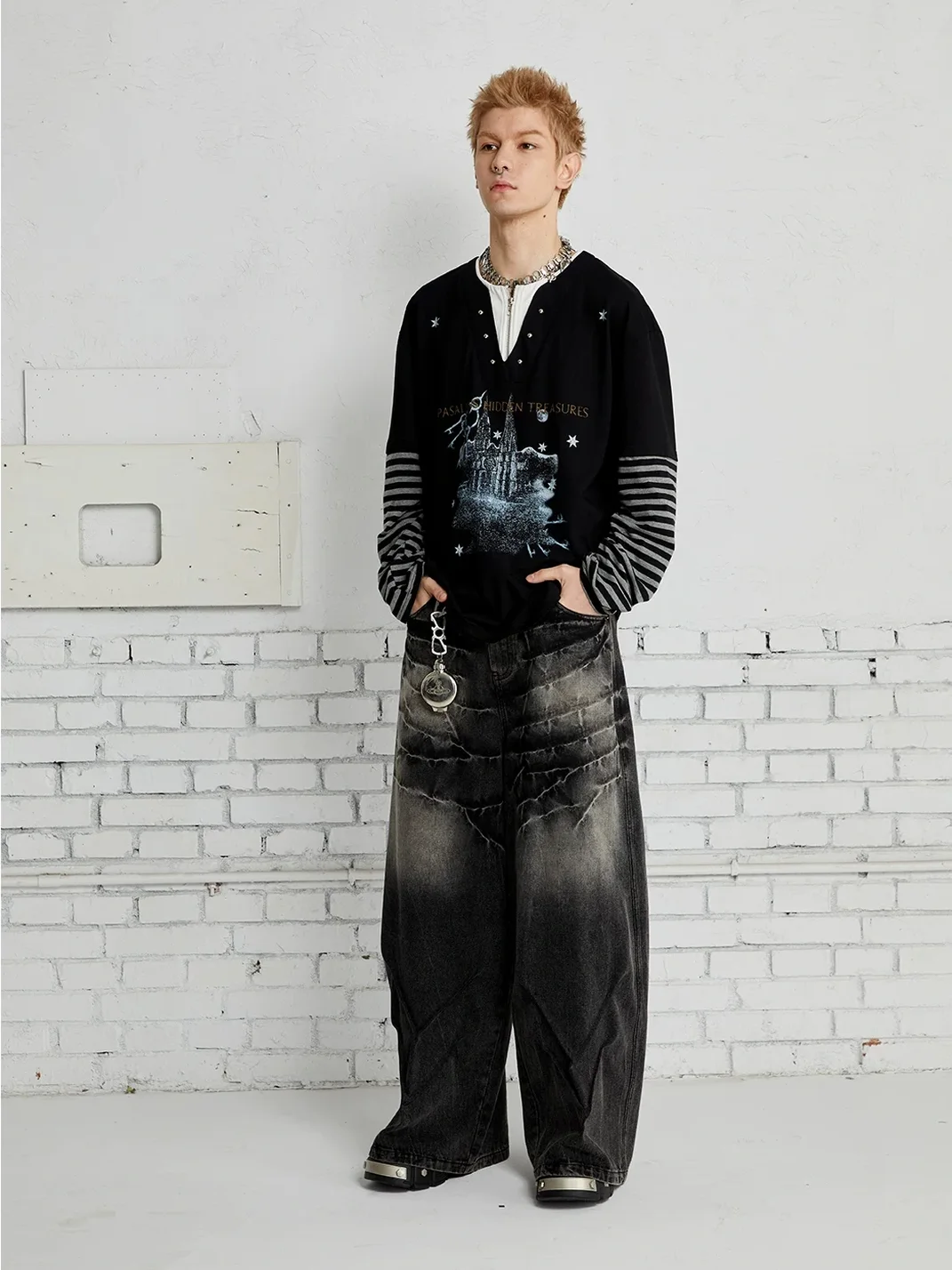PasET | Loose Layered Henley Striped Graphic Long Sleeve T-Shirt