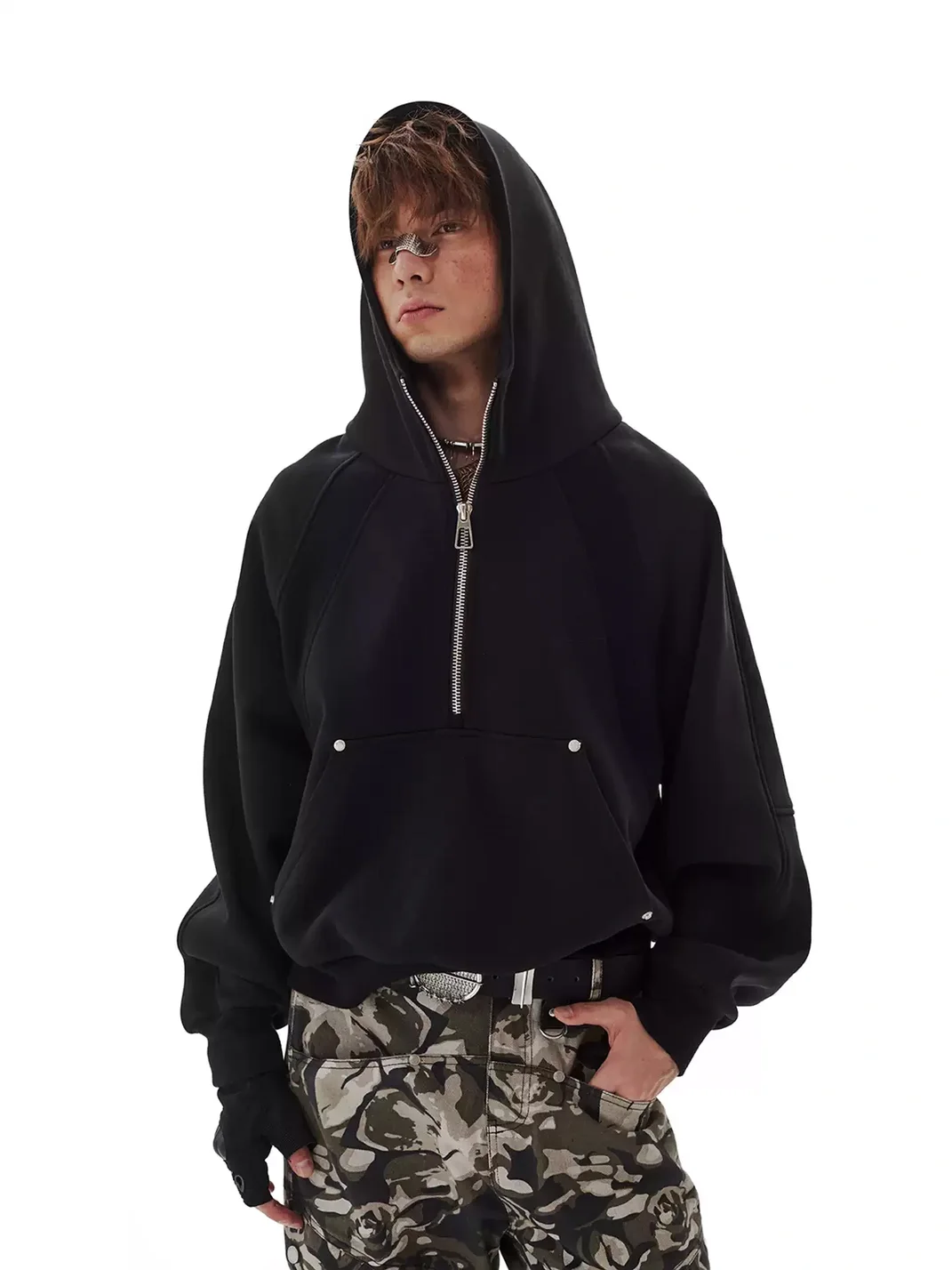 PasET | Cropped Loose Half-Zip Paneled Studded Hoodie