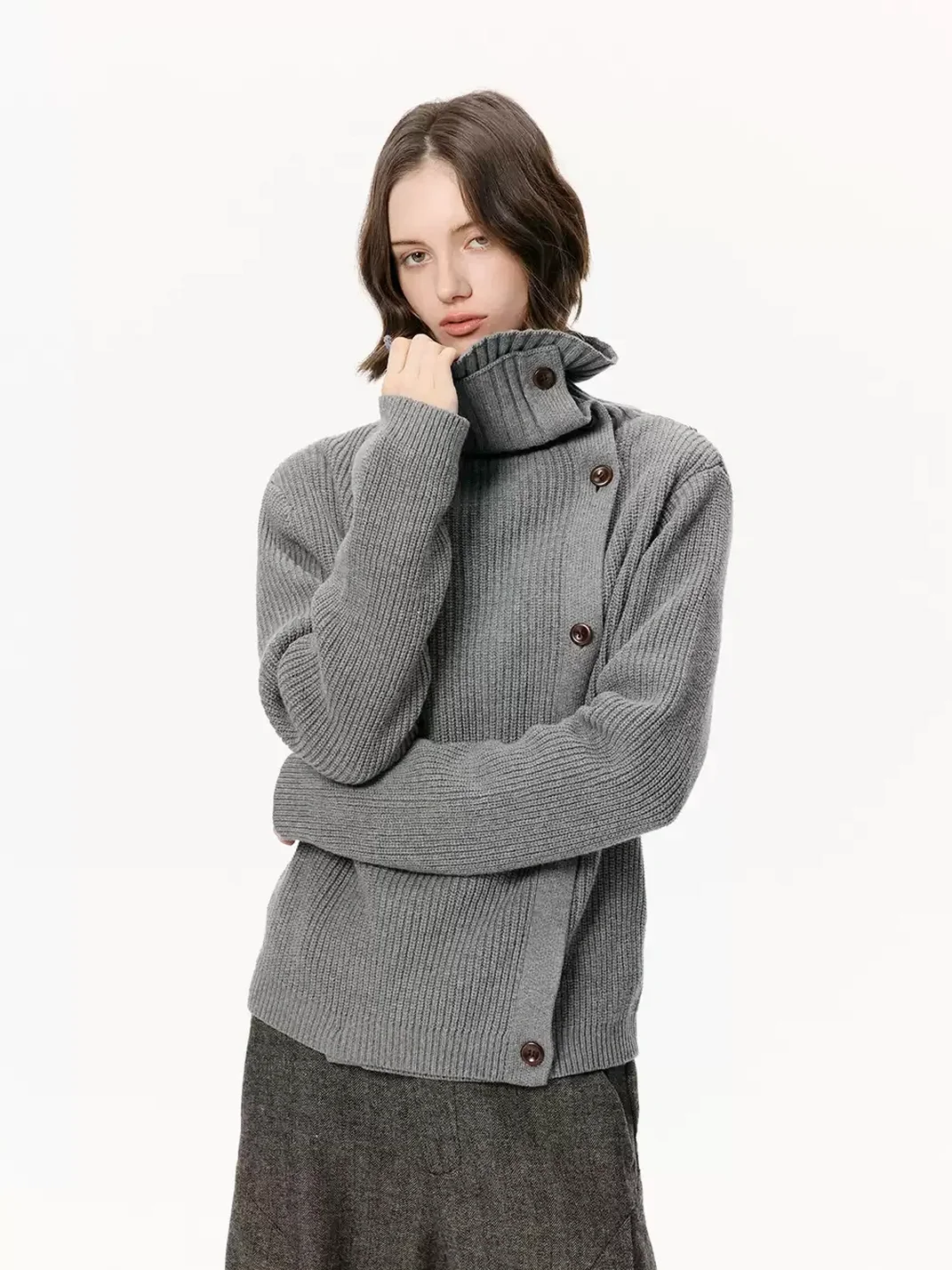 KREATE | Slim Fit Ribbed Stand Collar Asymmetric Cardigan