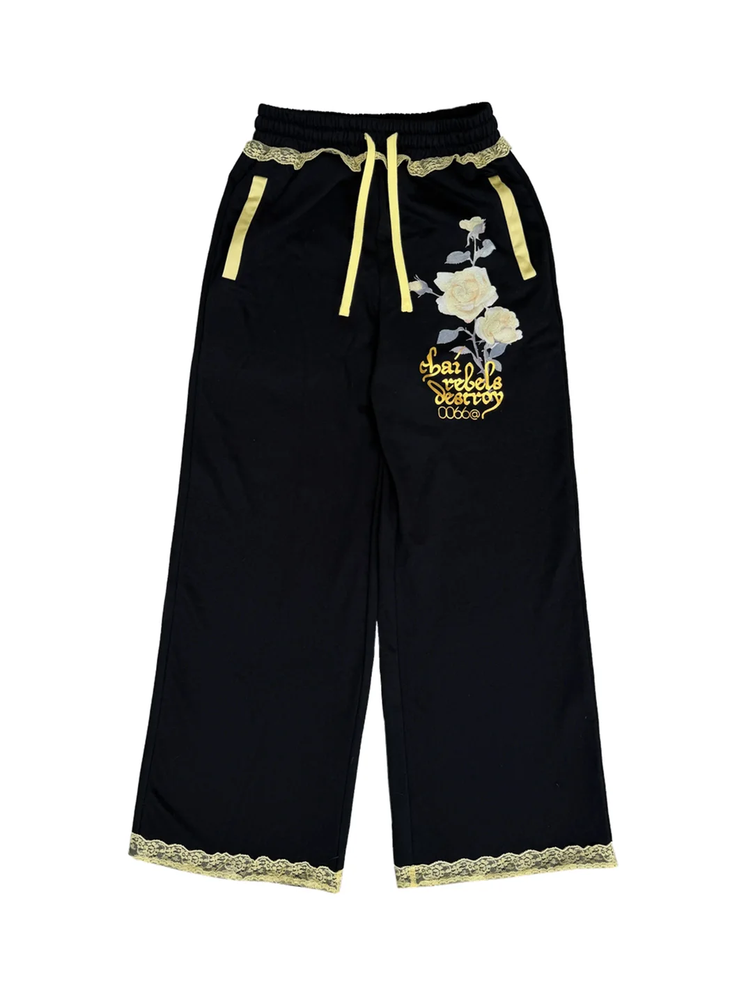 CHAI | Rose Print Lace Trim Wide Leg Sweatpants