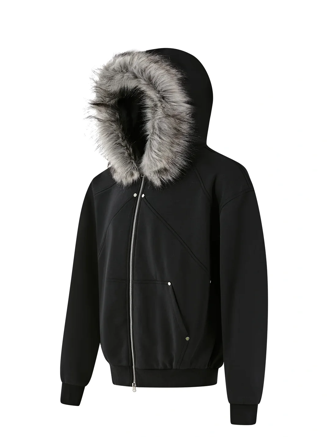 PasET | Fur-Trimmed Hooded Patchwork Zip Jacket