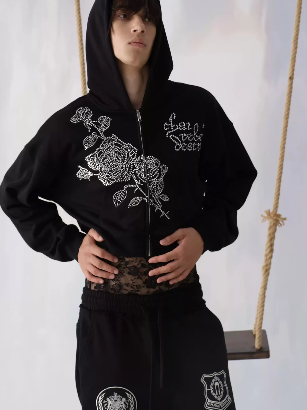 CHAI | Cropped Rhinestone Rose Zip-Up Hoodie