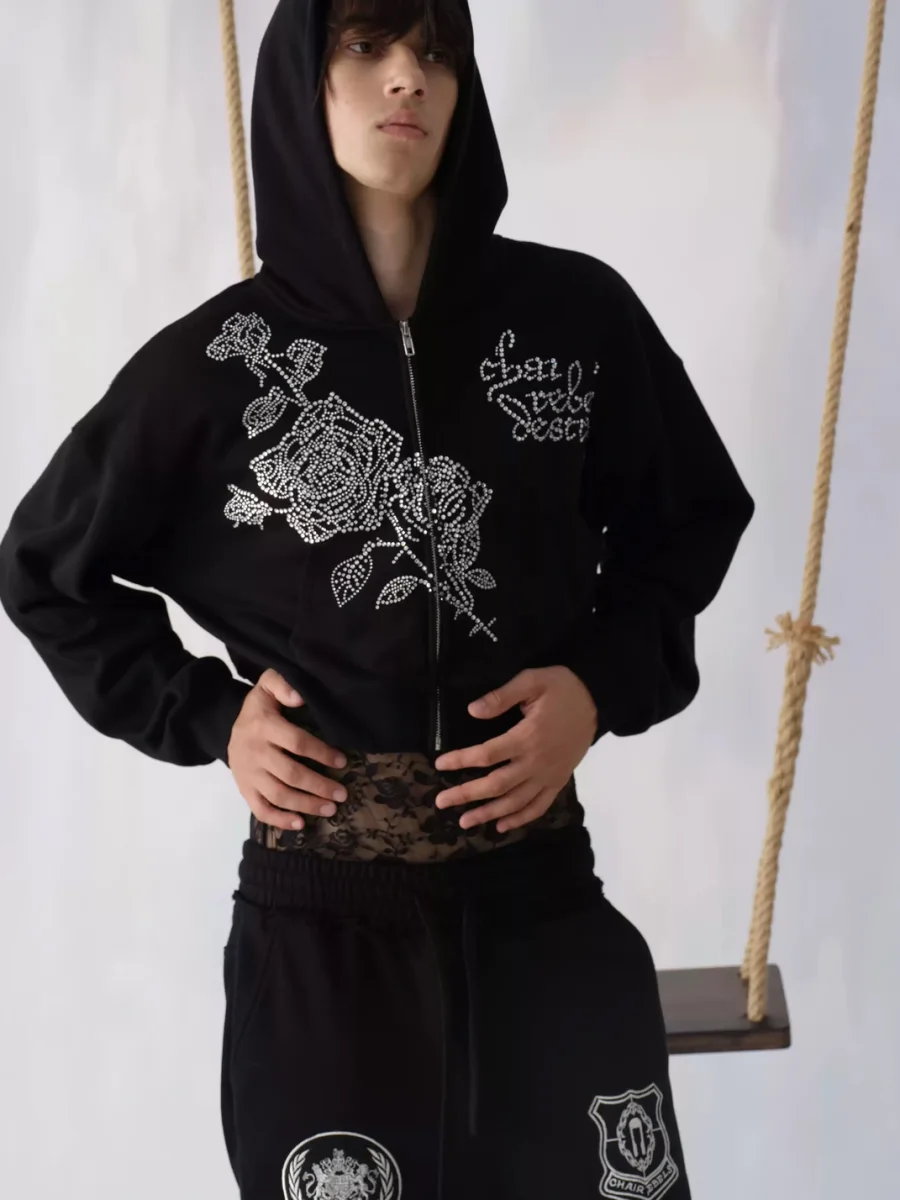 CHAI | Cropped Rhinestone Rose Zip-Up Hoodie - 3