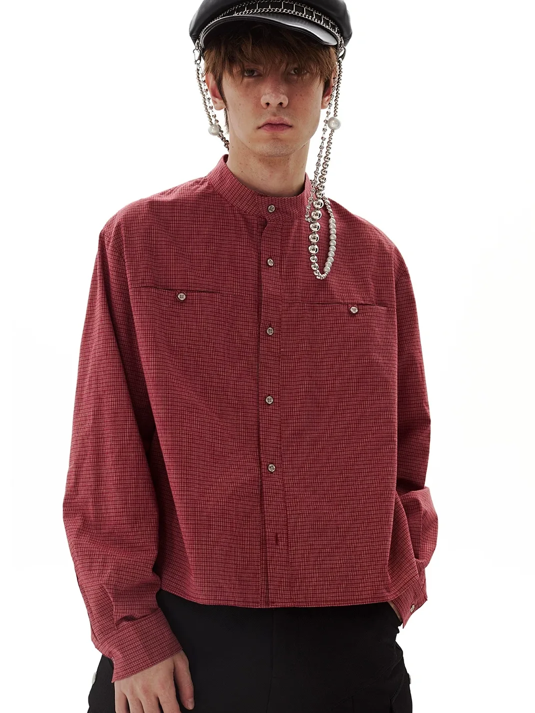 PasET | Cropped Wide-Fit Check Stand-Collar Shirt