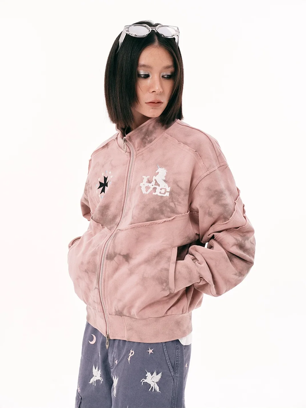 PasET | Pink Distressed Embroidered Cropped Zip-Up Jacket