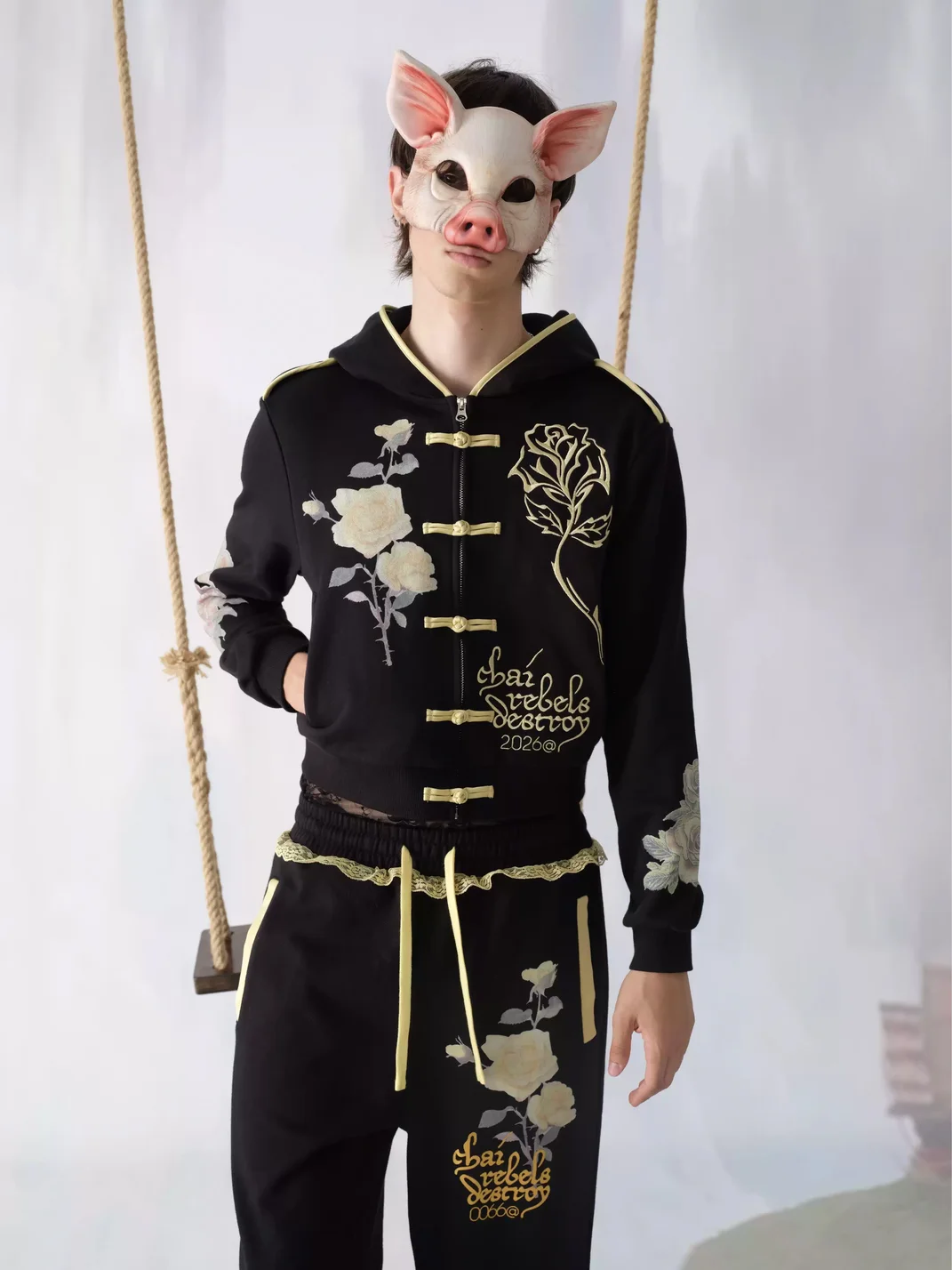 CHAI | Rose Embroidered Floral Print Hooded Zip Jacket