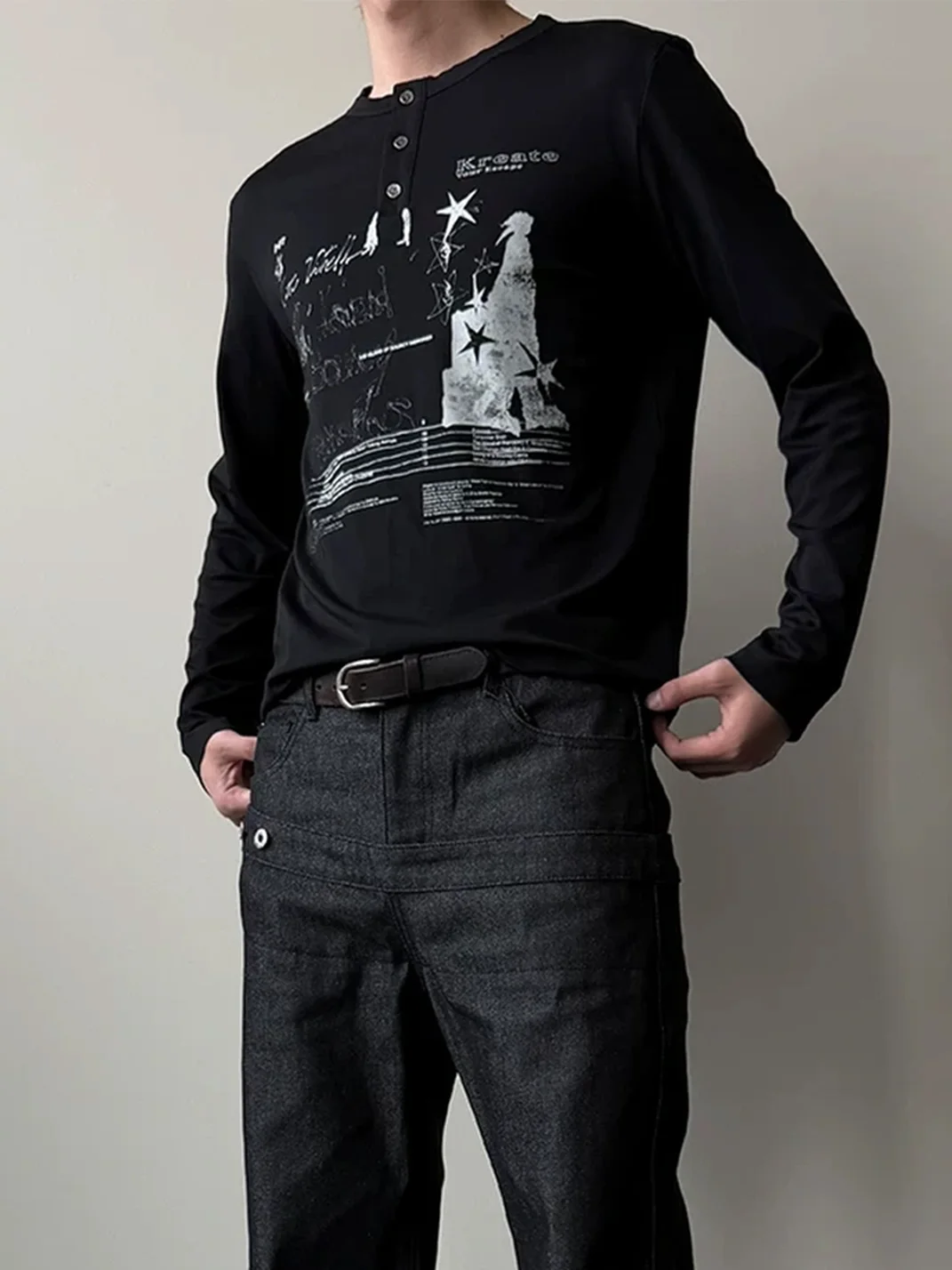 KREATE | Distressed Print Long Sleeve Henley T-Shirt