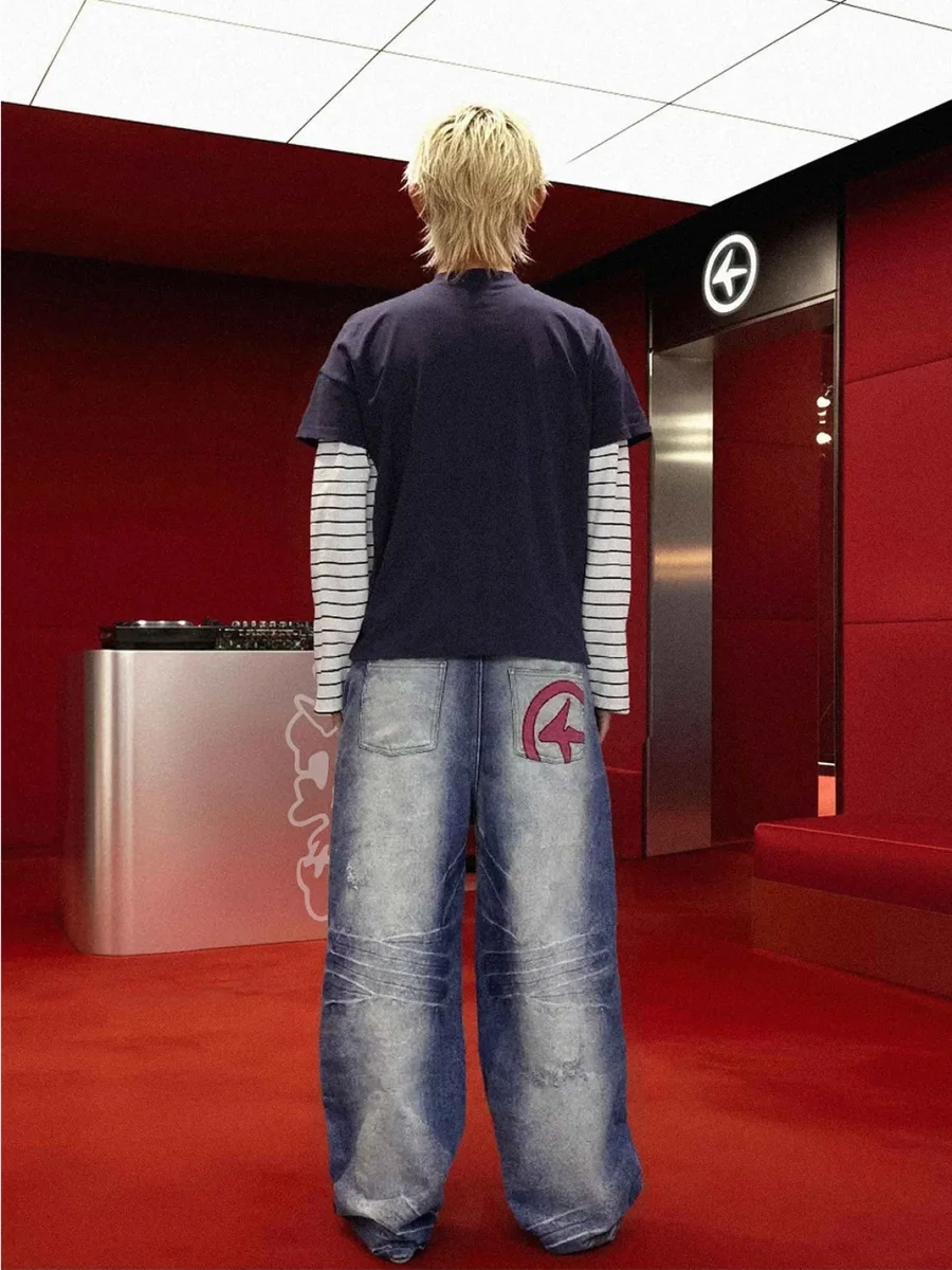 4AMSTUDIO | Ice Blue Baggy Lightning Embroidered Jeans - 3