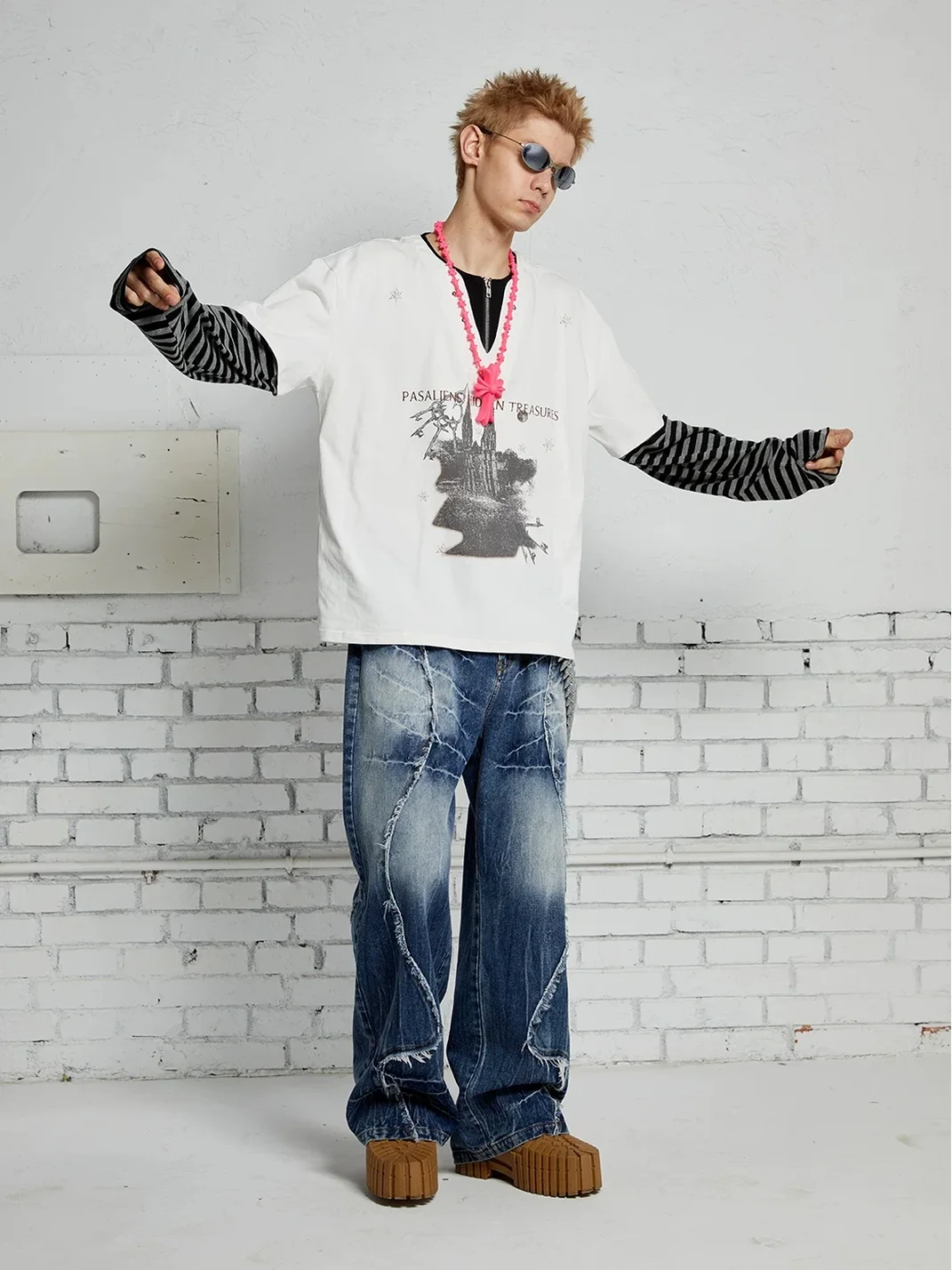 PasET | Loose Layered Henley Striped Graphic Long Sleeve T-Shirt
