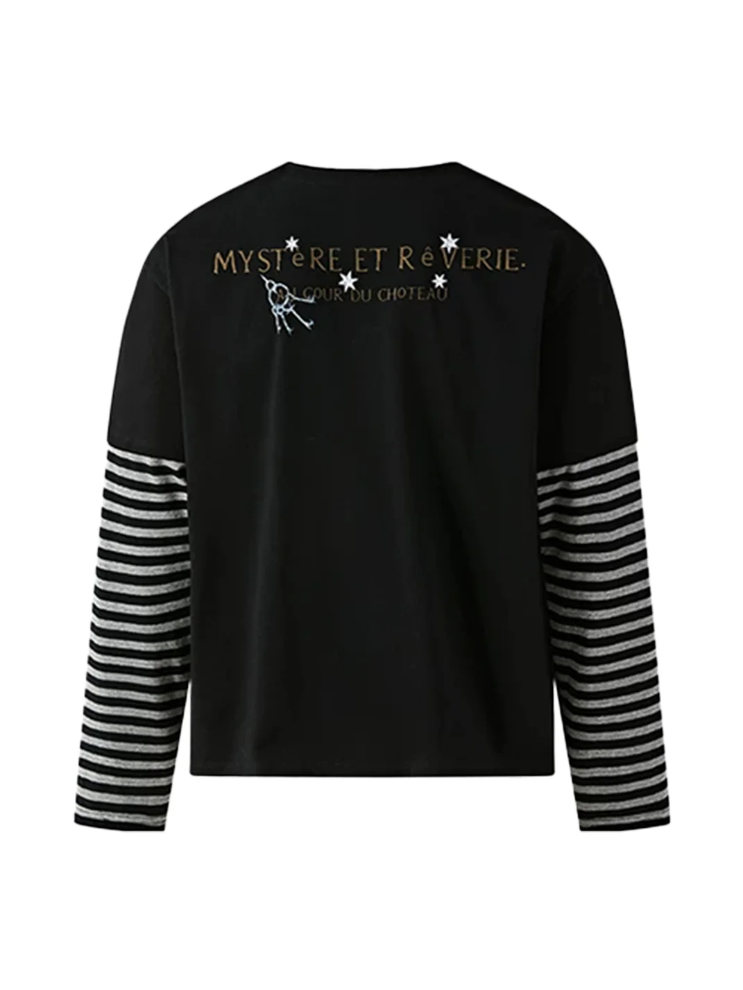 PasET | Loose Layered Henley Striped Graphic Long Sleeve T-Shirt