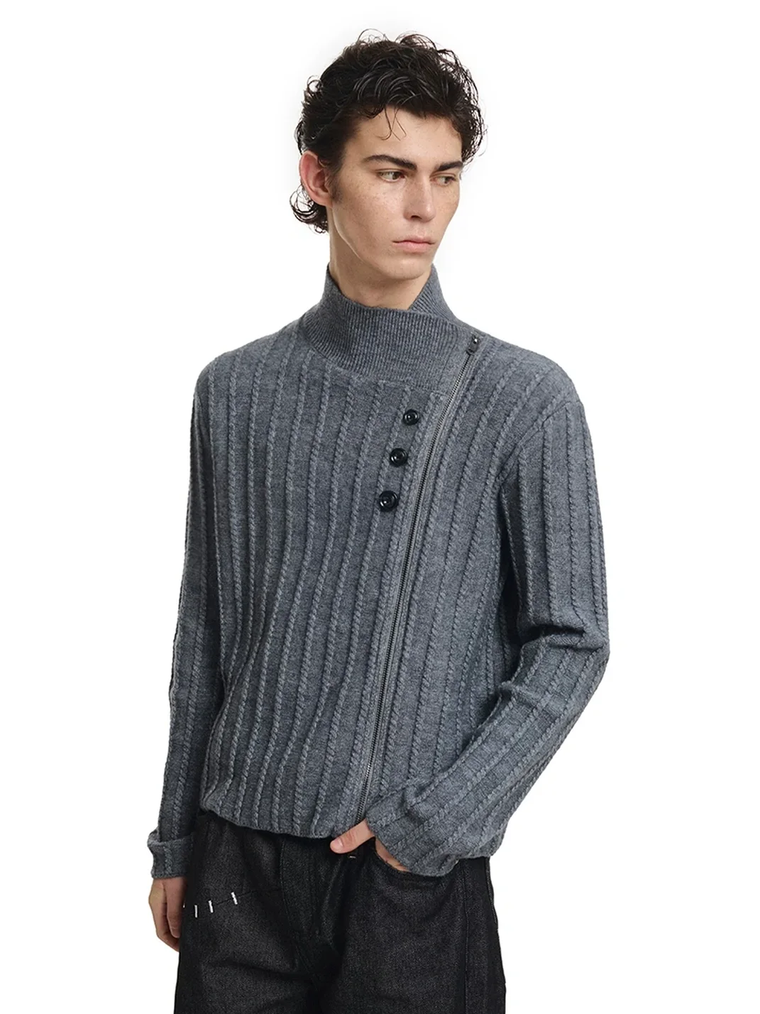 KREATE | Asymmetric Zip Cable Knit Sweater Jacket