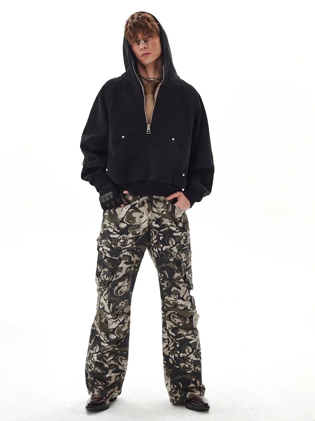 PasET | Cropped Loose Half-Zip Paneled Studded Hoodie