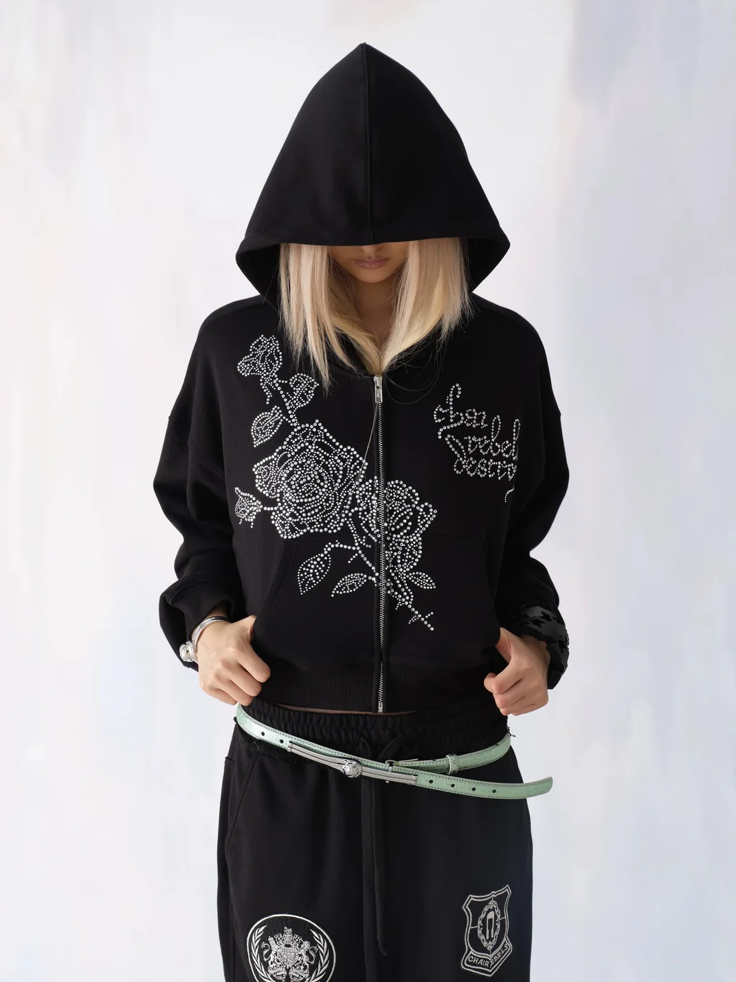CHAI | Cropped Rhinestone Rose Zip-Up Hoodie