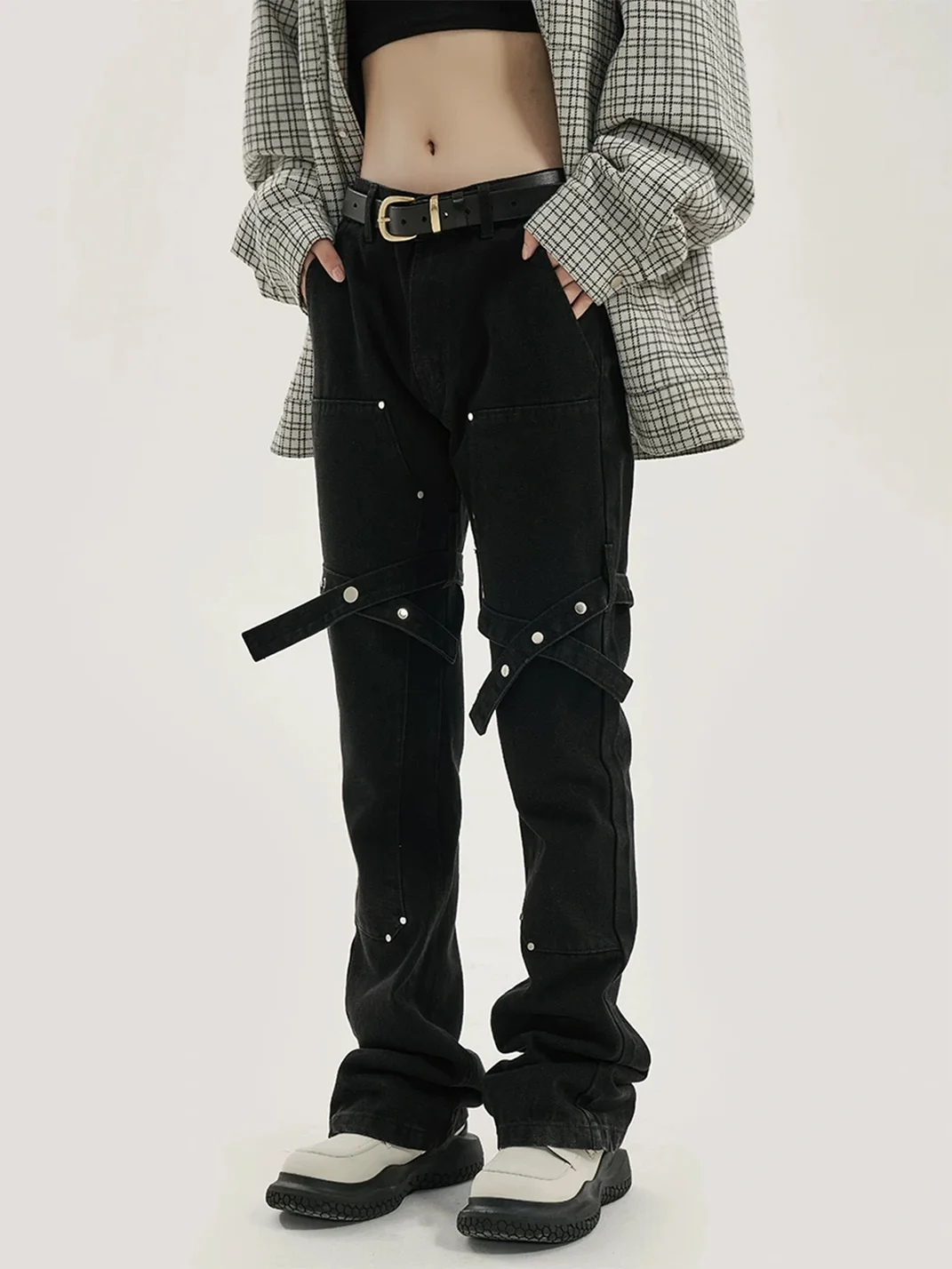 PasET | Black Slim-Fit Slightly Flared Strap Jeans