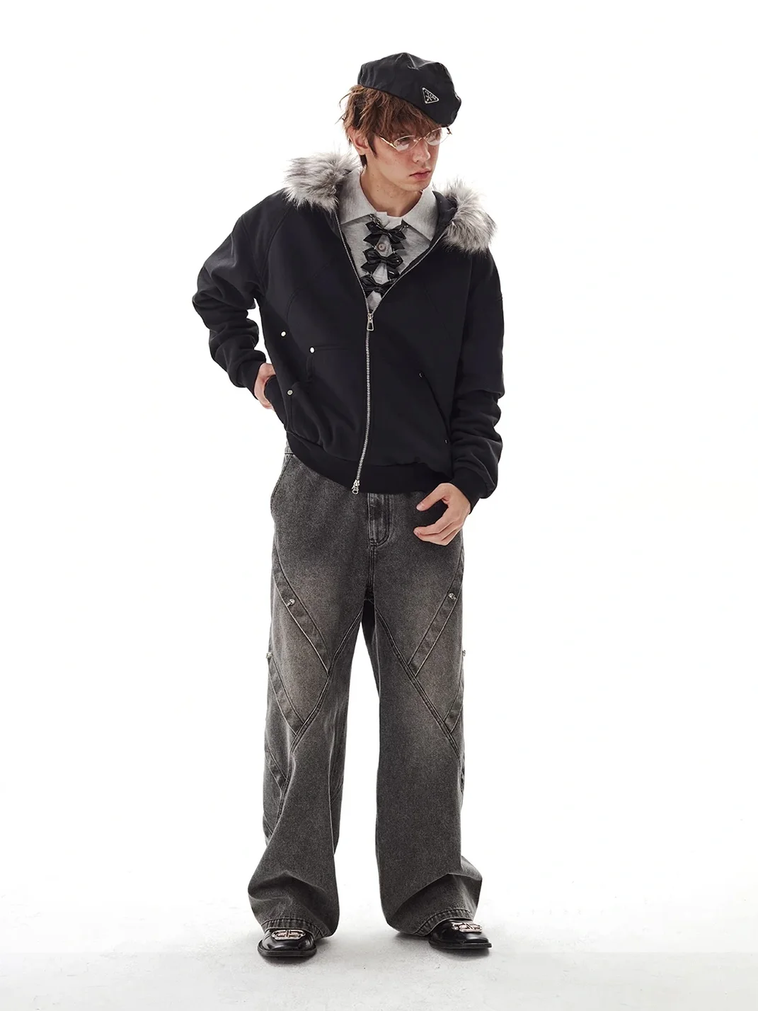 PasET | Fur-Trimmed Hooded Patchwork Zip Jacket