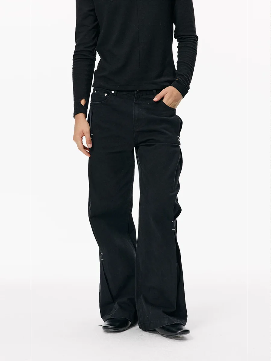 KREATE | Washed Black Pleated A-Line Flared Jeans - 2