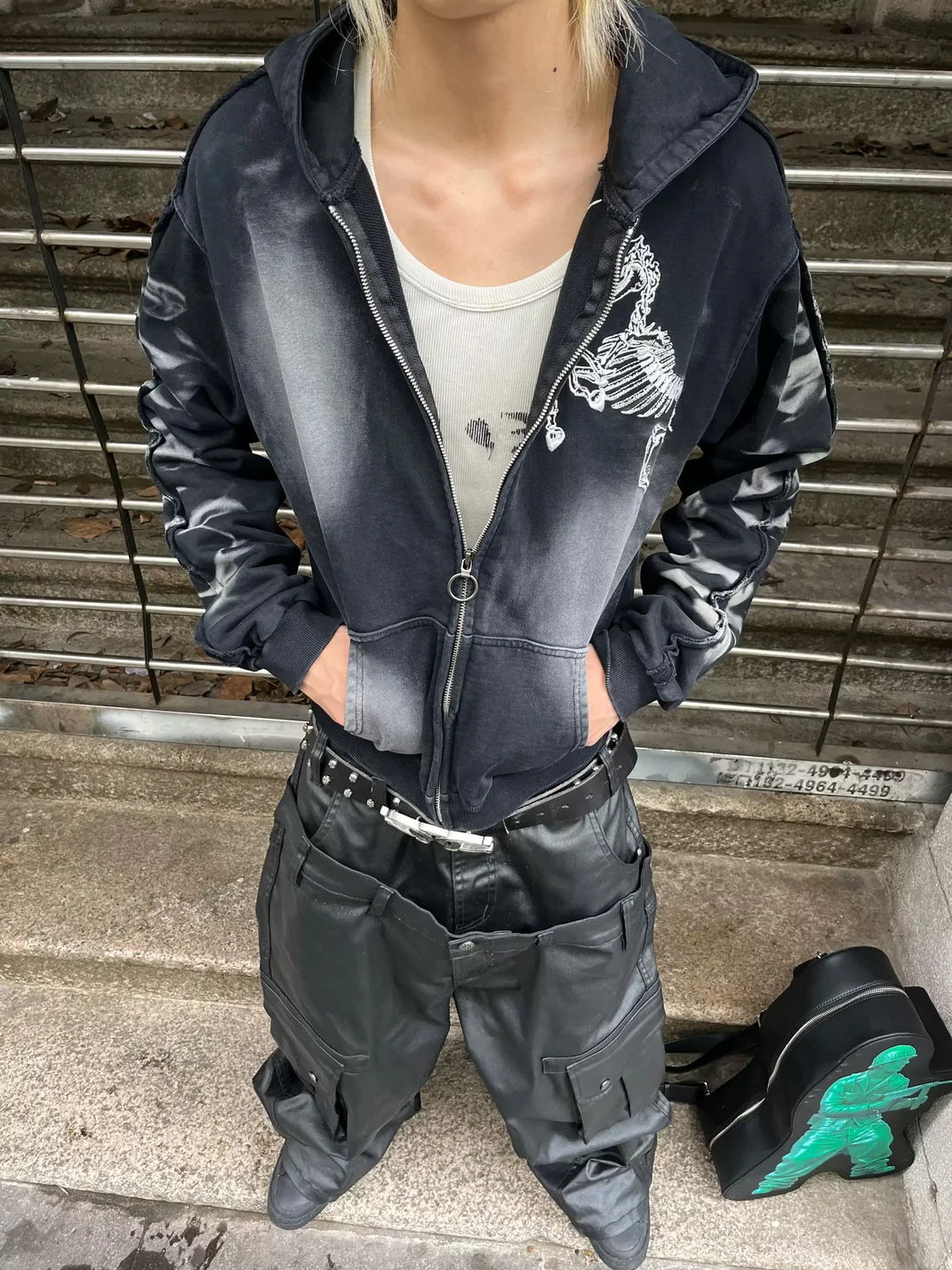 4AMSTUDIO | Unicorn Skeleton Distressed Zip-Up Hoodie