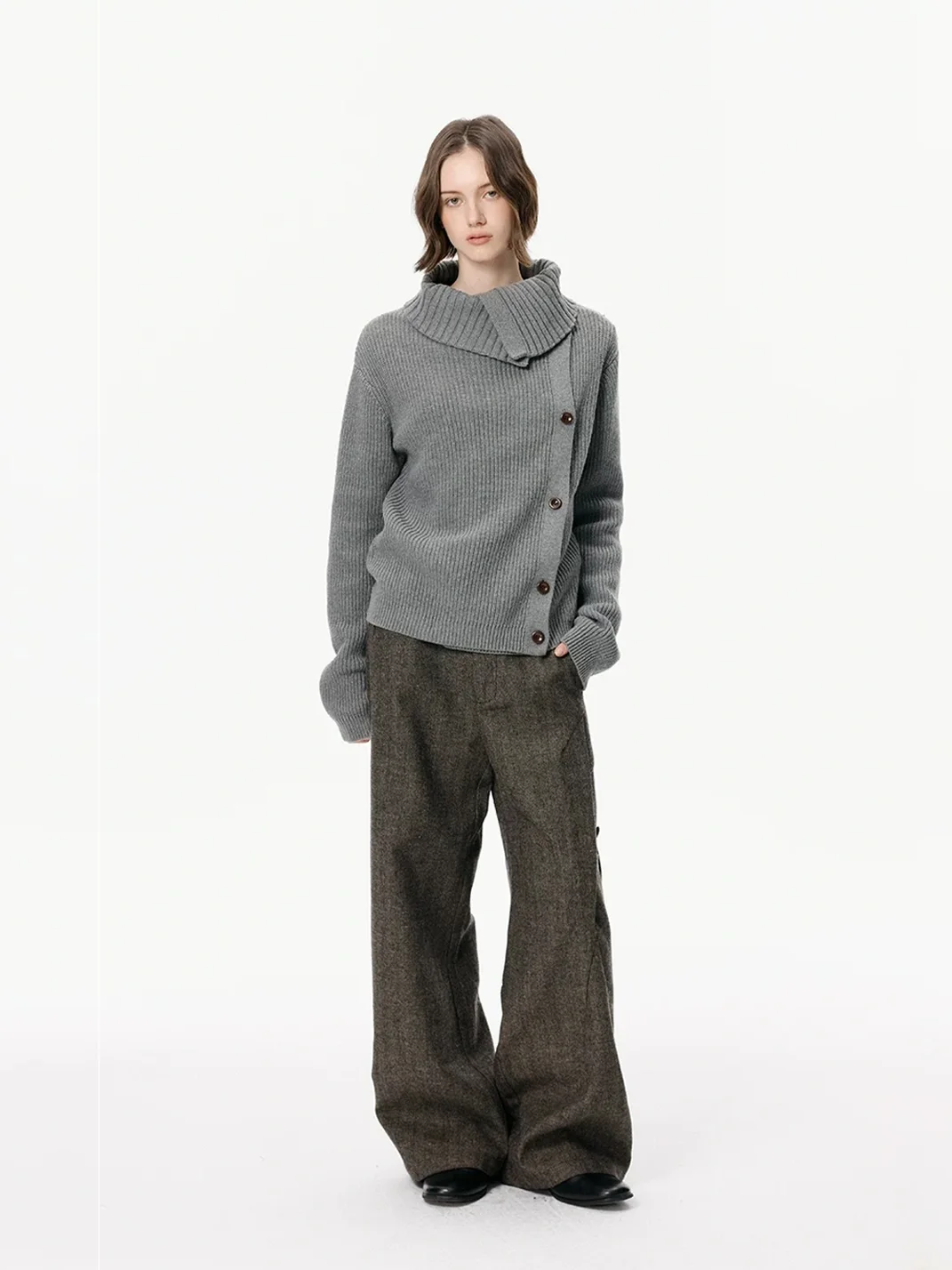 KREATE | Slim Fit Ribbed Stand Collar Asymmetric Cardigan