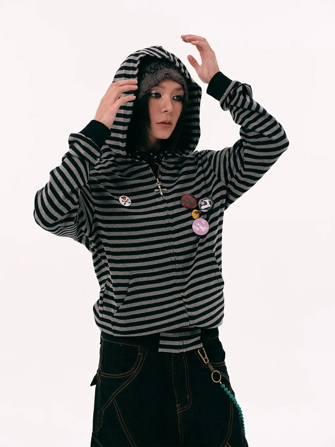 PasET | Striped Cross-Embroidered Zip-Up Hoodie