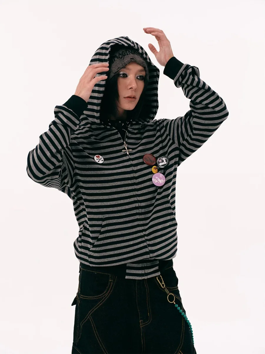 PasET | Striped Cross-Embroidered Zip-Up Hoodie - 4