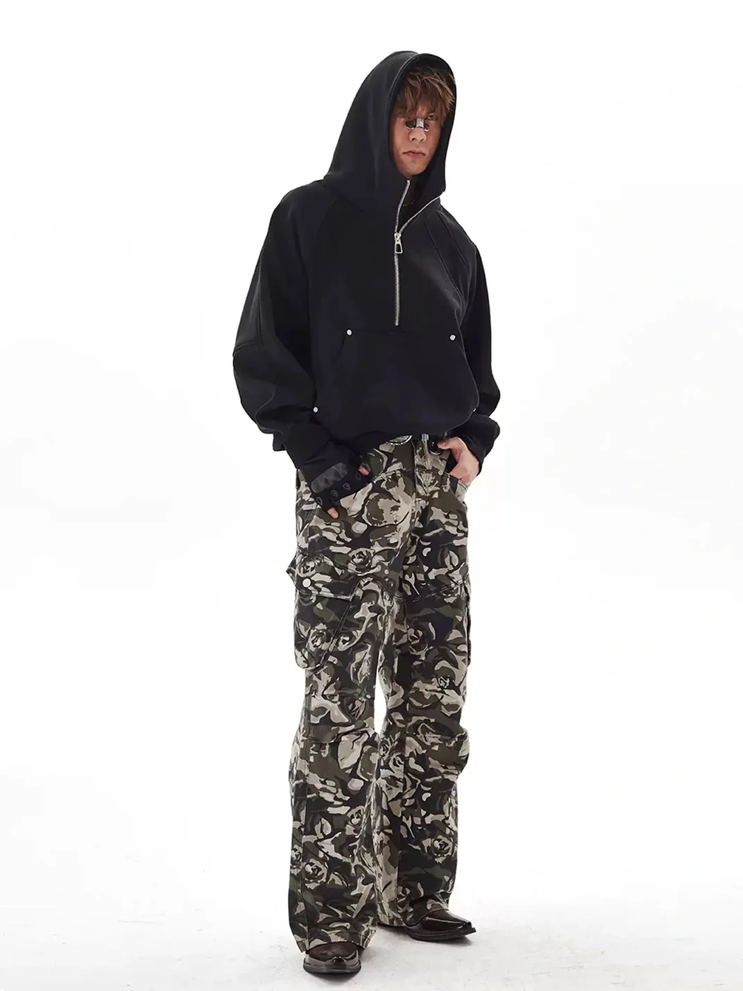 PasET | Cropped Loose Half-Zip Paneled Studded Hoodie