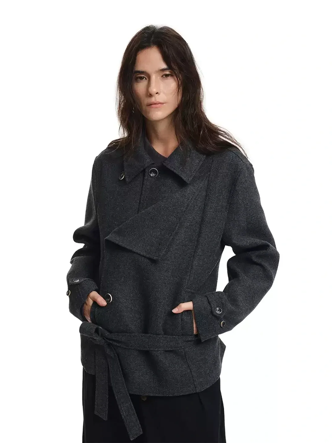 KREATE | Herringbone Double-Breasted Belted Wool-Blend Jacket