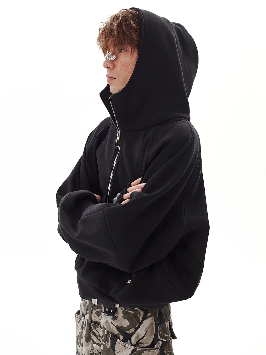 PasET | Cropped Loose Half-Zip Paneled Studded Hoodie