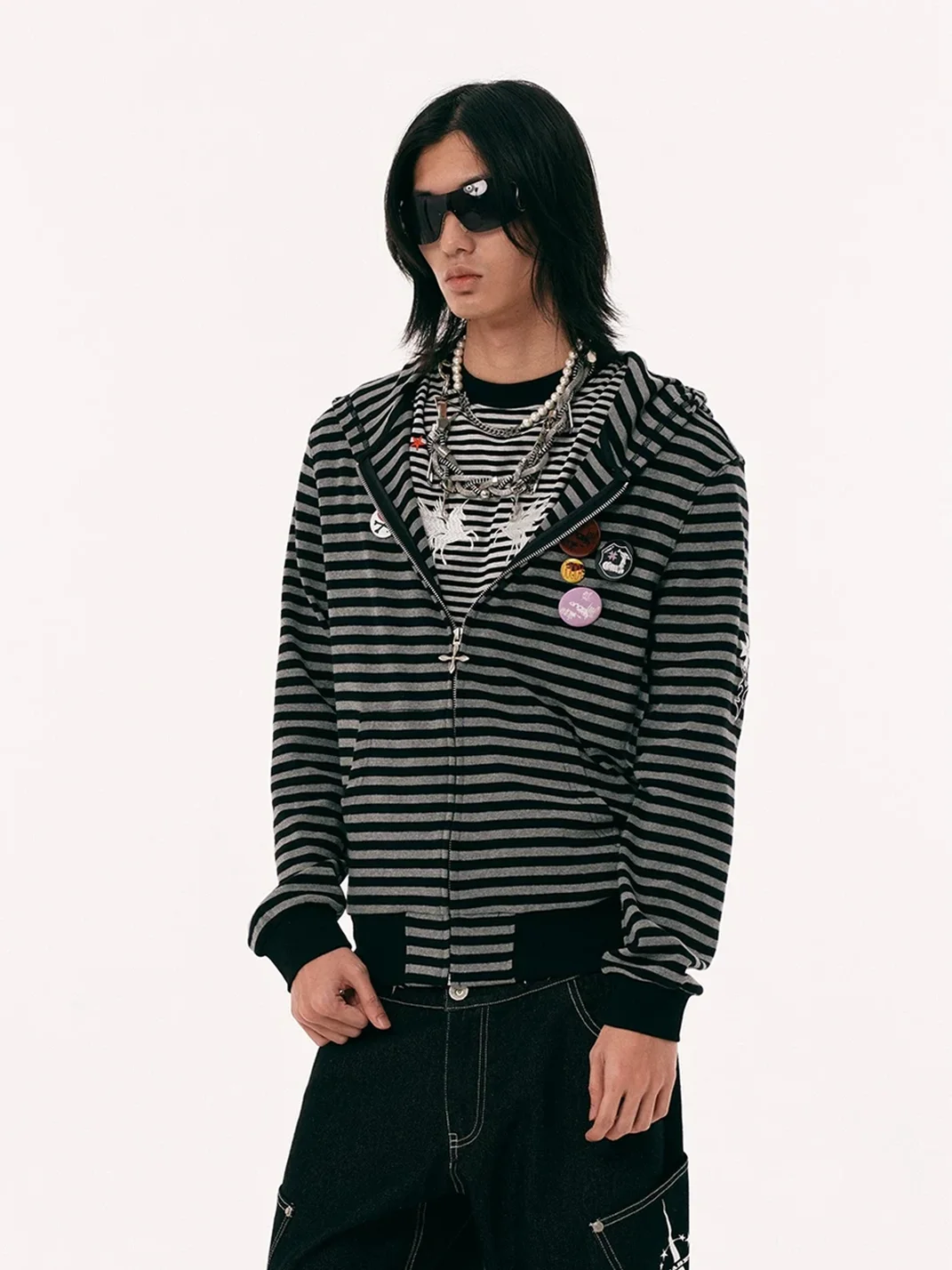 PasET | Striped Cross-Embroidered Zip-Up Hoodie