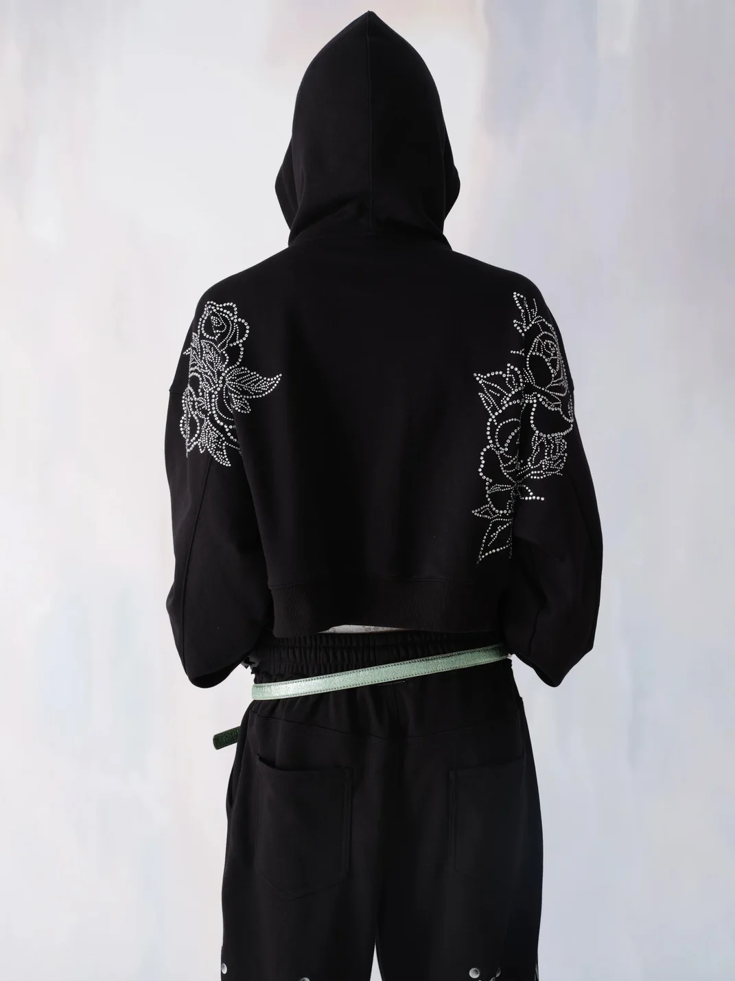 CHAI | Cropped Rhinestone Rose Zip-Up Hoodie
