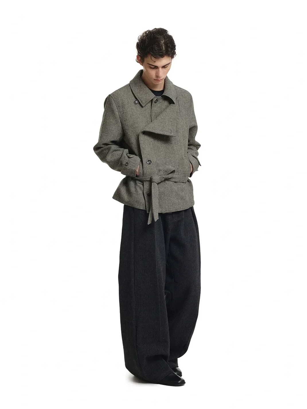KREATE | Herringbone Double-Breasted Belted Wool-Blend Jacket