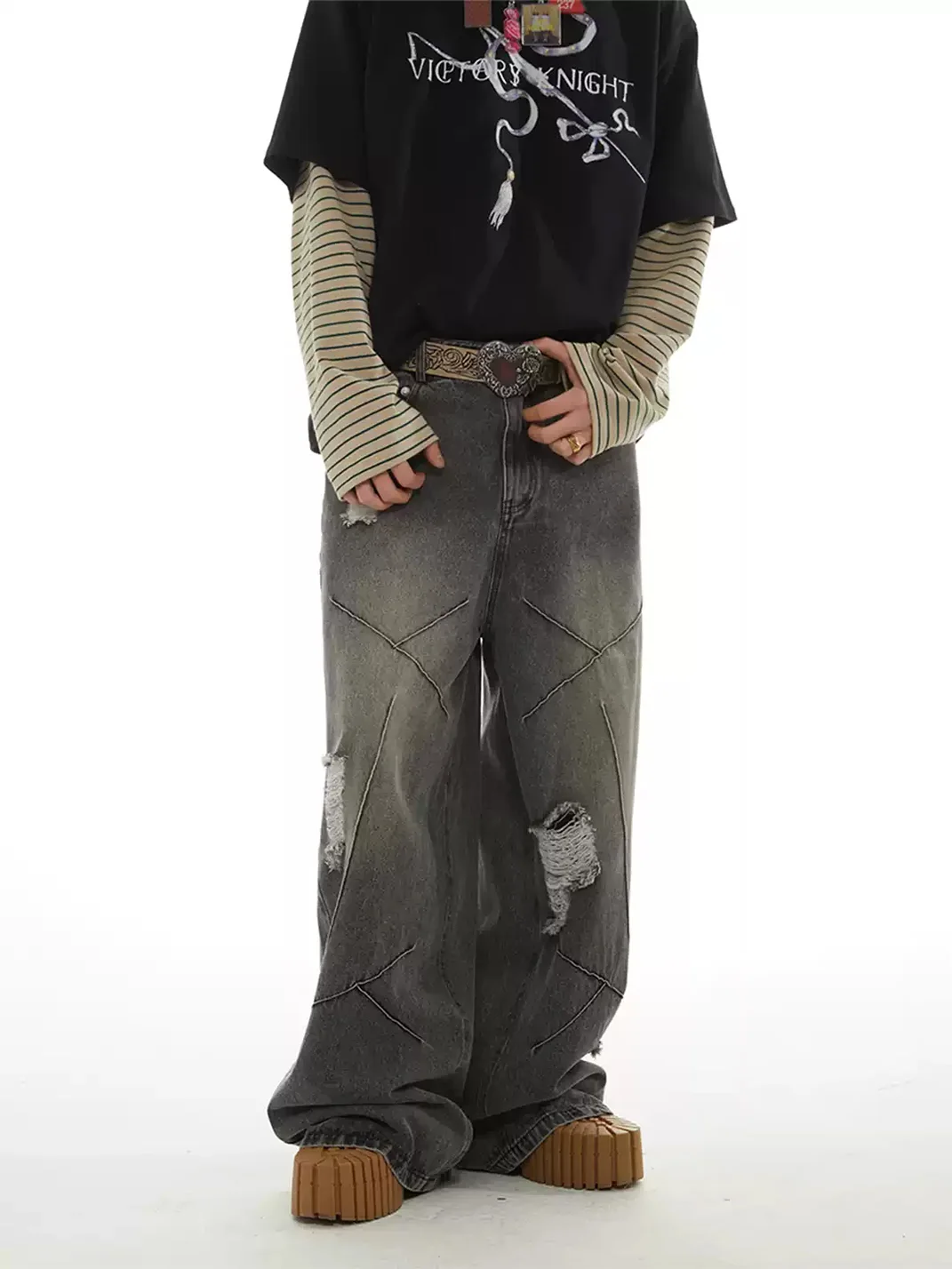 PasET | Loose Wide-Leg Ripped Washed Jeans