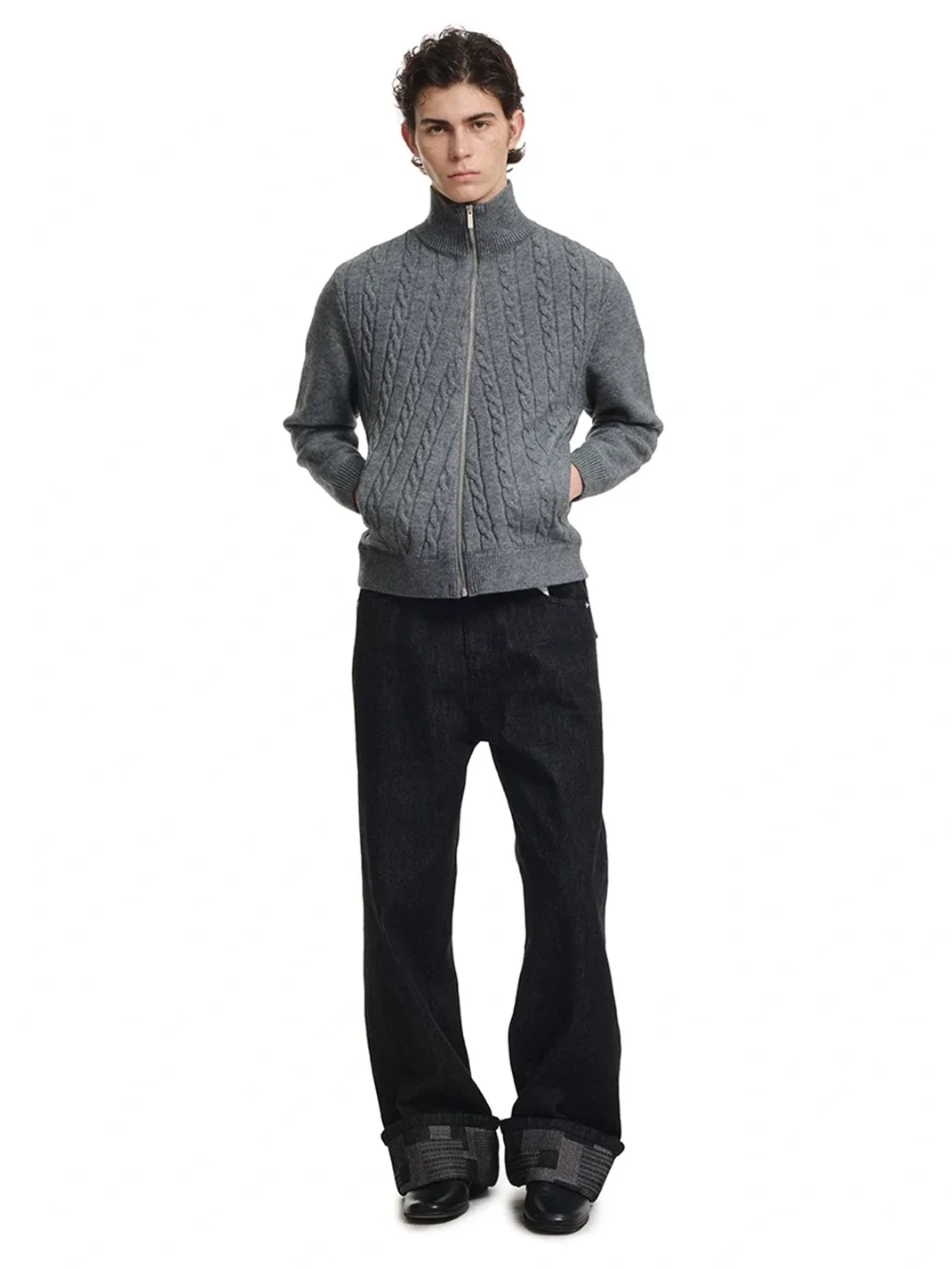 KREATE | Cable Knit High Neck Zip Cardigan