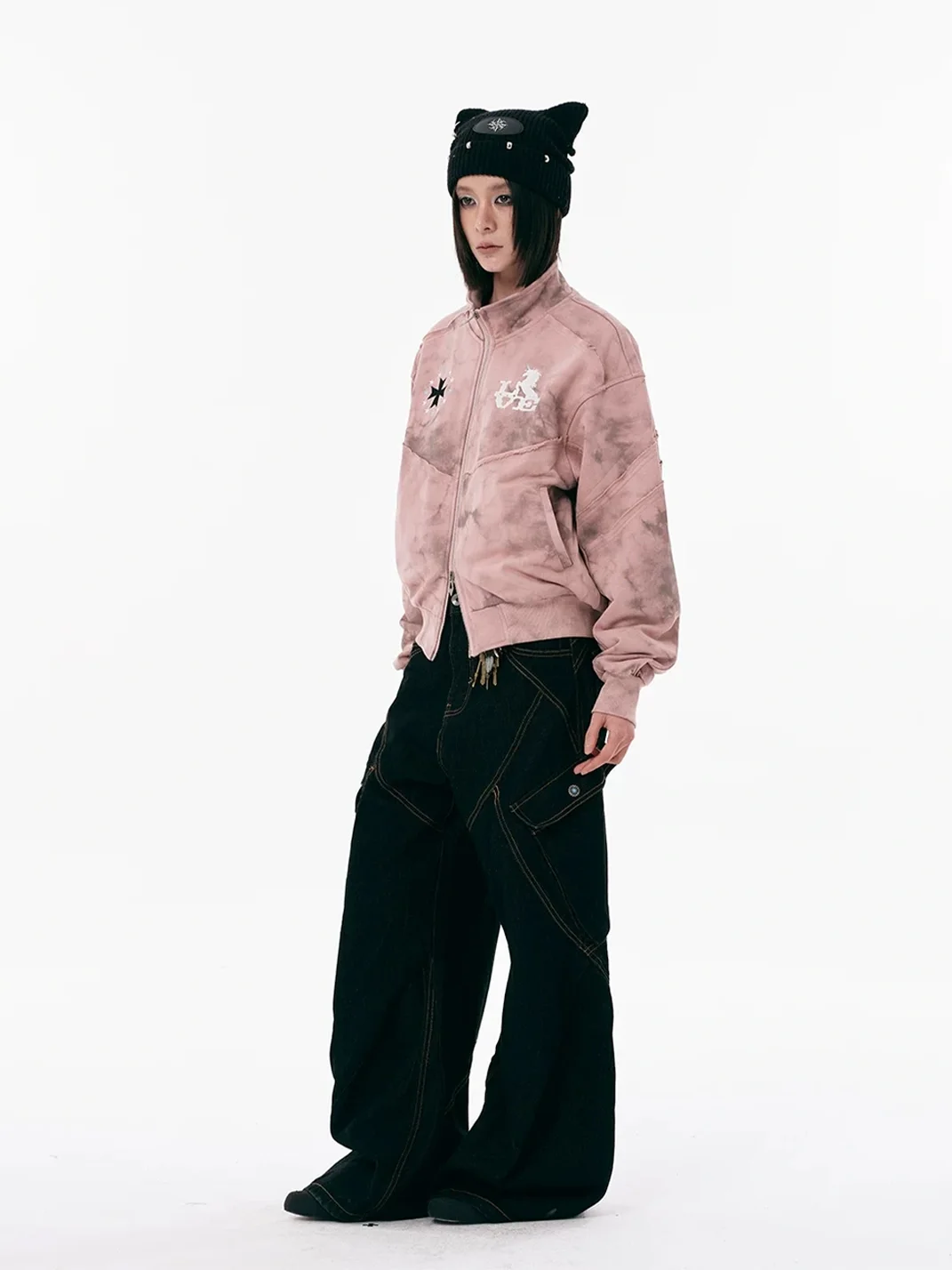 PasET | Pink Distressed Embroidered Cropped Zip-Up Jacket