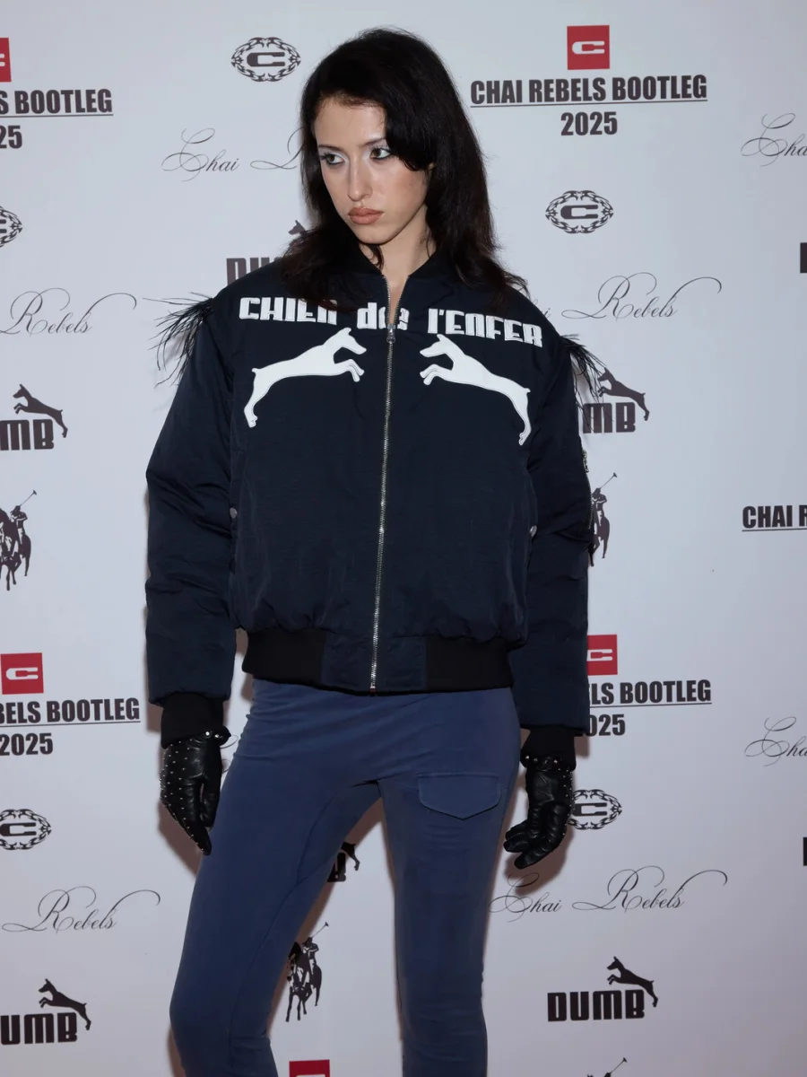 CHAI | Cropped Loose-Fit Dog Appliqué Bomber Jacket - 2