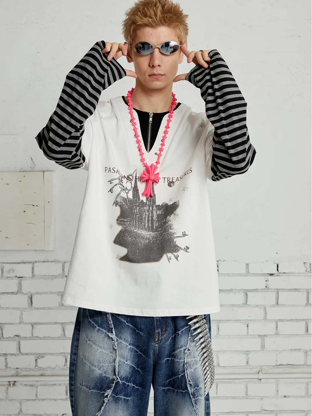PasET | Loose Layered Henley Striped Graphic Long Sleeve T-Shirt