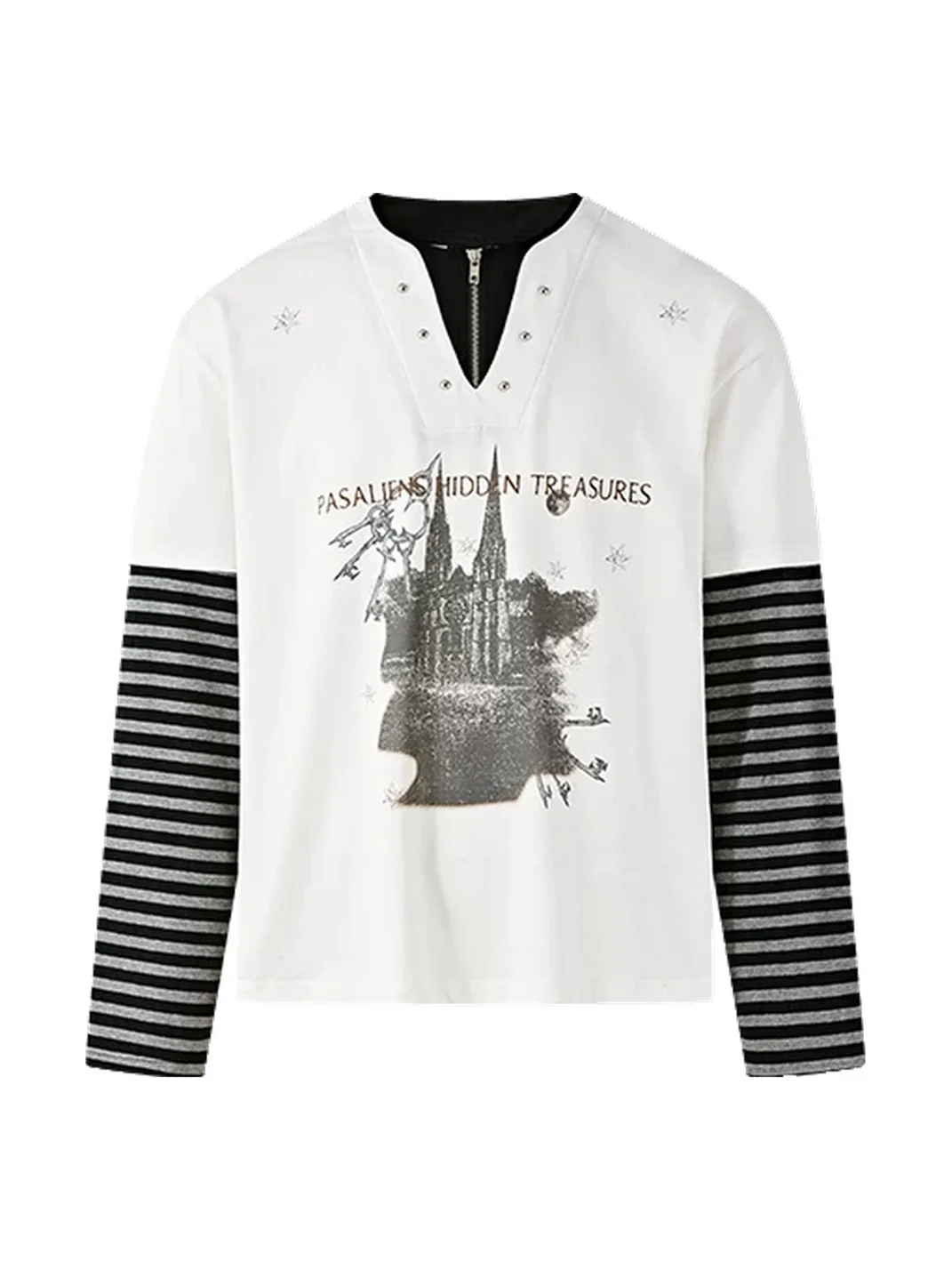 PasET | Loose Layered Henley Striped Graphic Long Sleeve T-Shirt