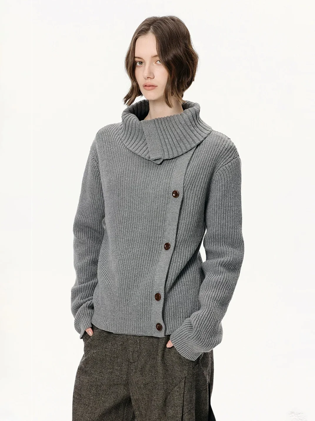 KREATE | Slim Fit Ribbed Stand Collar Asymmetric Cardigan